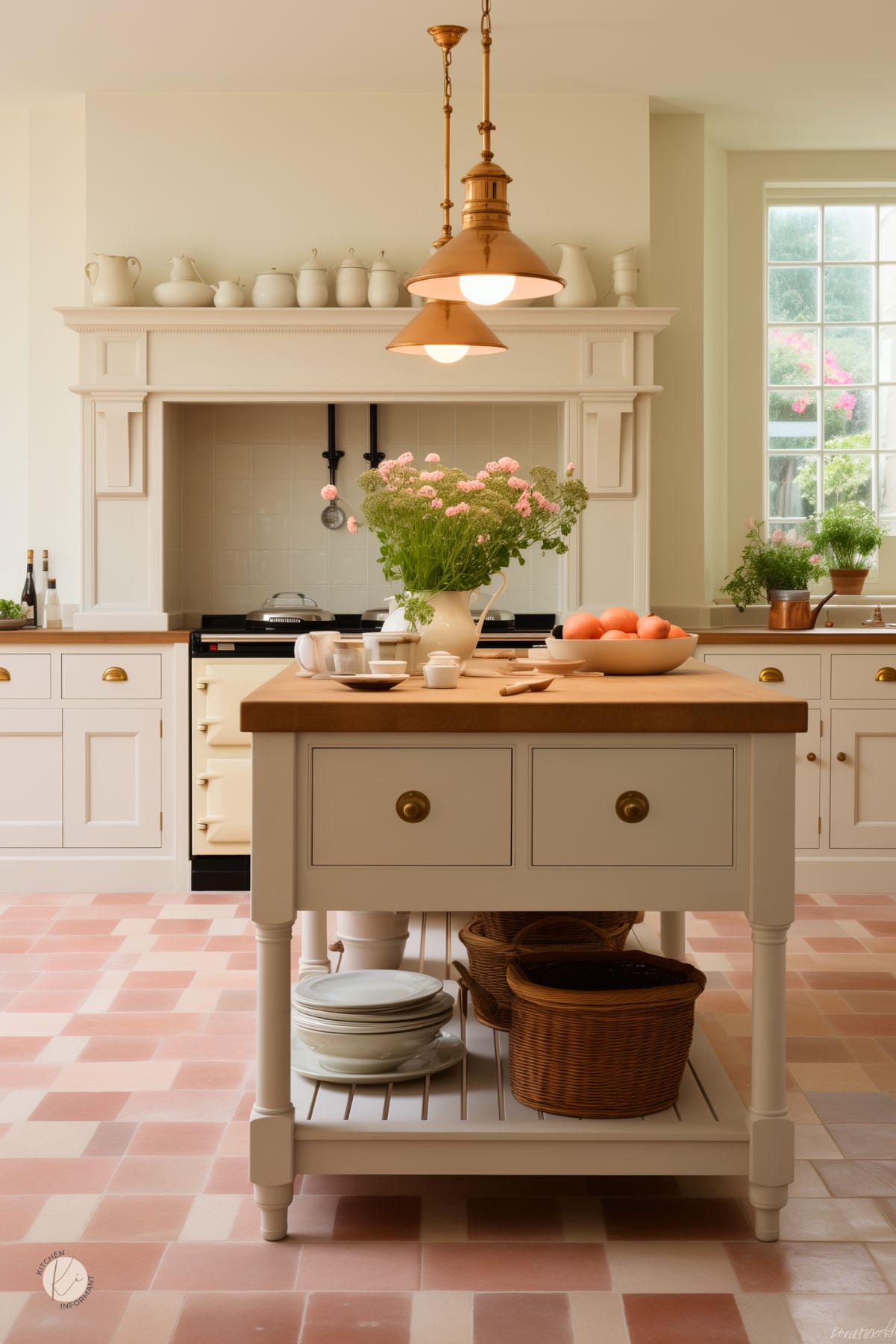 A bright and airy English country kitchen with soft cream cabinetry, a butcher block island, and terracotta checkered tile flooring. Copper pendant lights add warmth, while an elegant range is framed by a traditional mantel. Open shelving displays white ceramic dishware, and woven baskets provide rustic storage. A large window lets in natural light, complementing fresh flowers and citrus on the island.