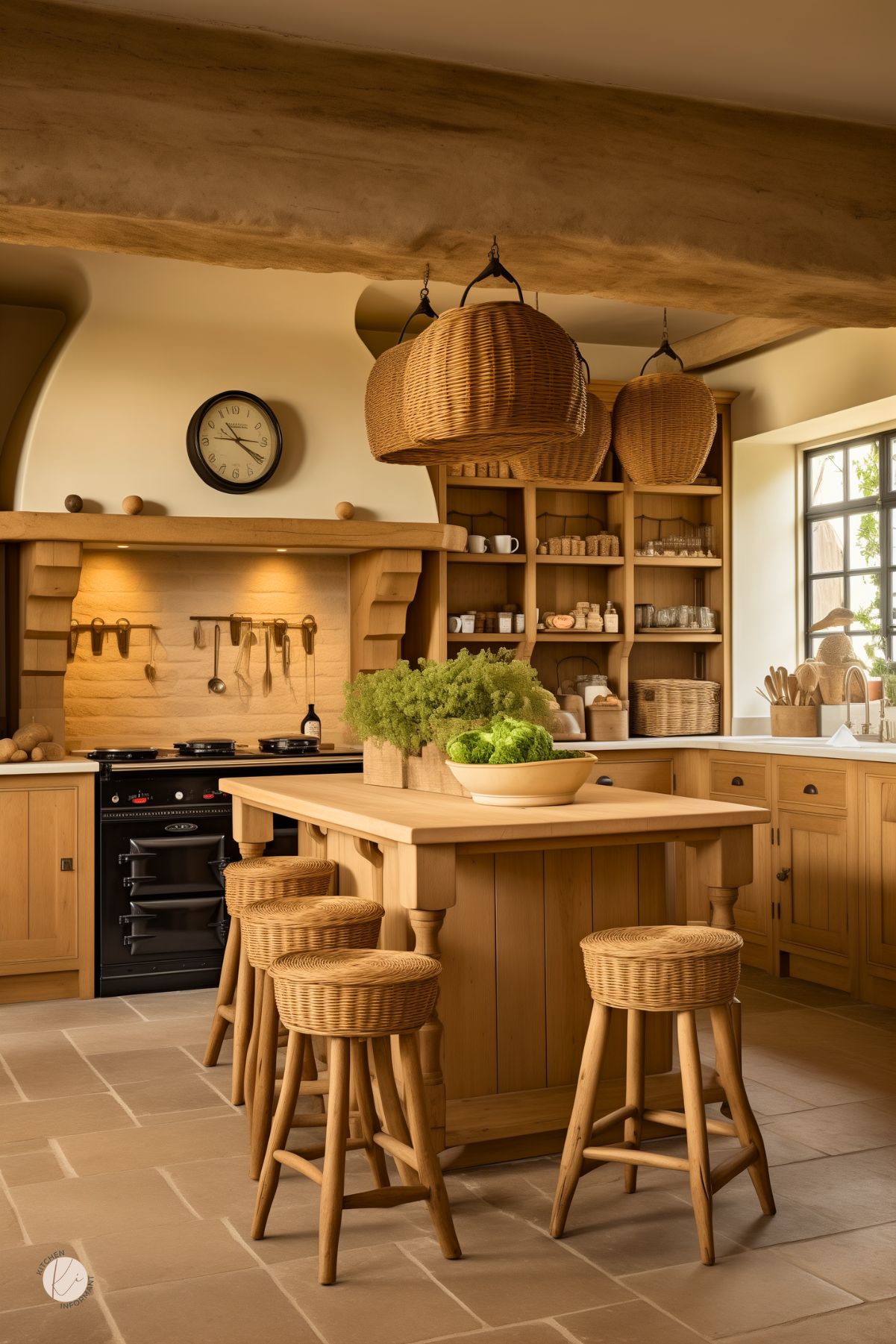 A warm and rustic English country kitchen with honey-toned wood cabinetry, a large central island, and woven rattan barstools. Oversized wicker pendant lights hang from the ceiling, adding texture and charm. A black cast-iron range is set against a stone backsplash with hanging utensils. Open shelving displays ceramics and woven baskets, while fresh greens and soft natural light enhance the inviting atmosphere.