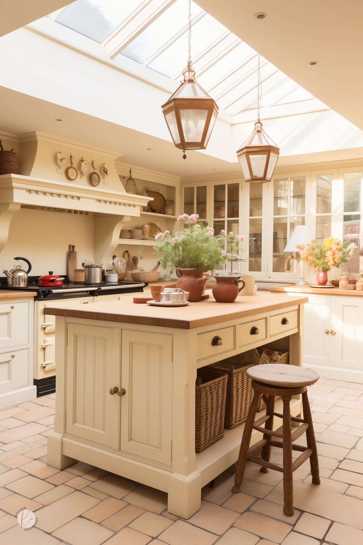 A bright English country kitchen with cream cabinetry, a large butcher block island, and terracotta tile flooring. A skylight floods the space with natural light, highlighting vintage-inspired pendant lanterns. Open shelving and glass-front cabinets display rustic dishware, while woven baskets add warmth and texture. A farmhouse-style stove and fresh flowers complete the cozy, inviting atmosphere.