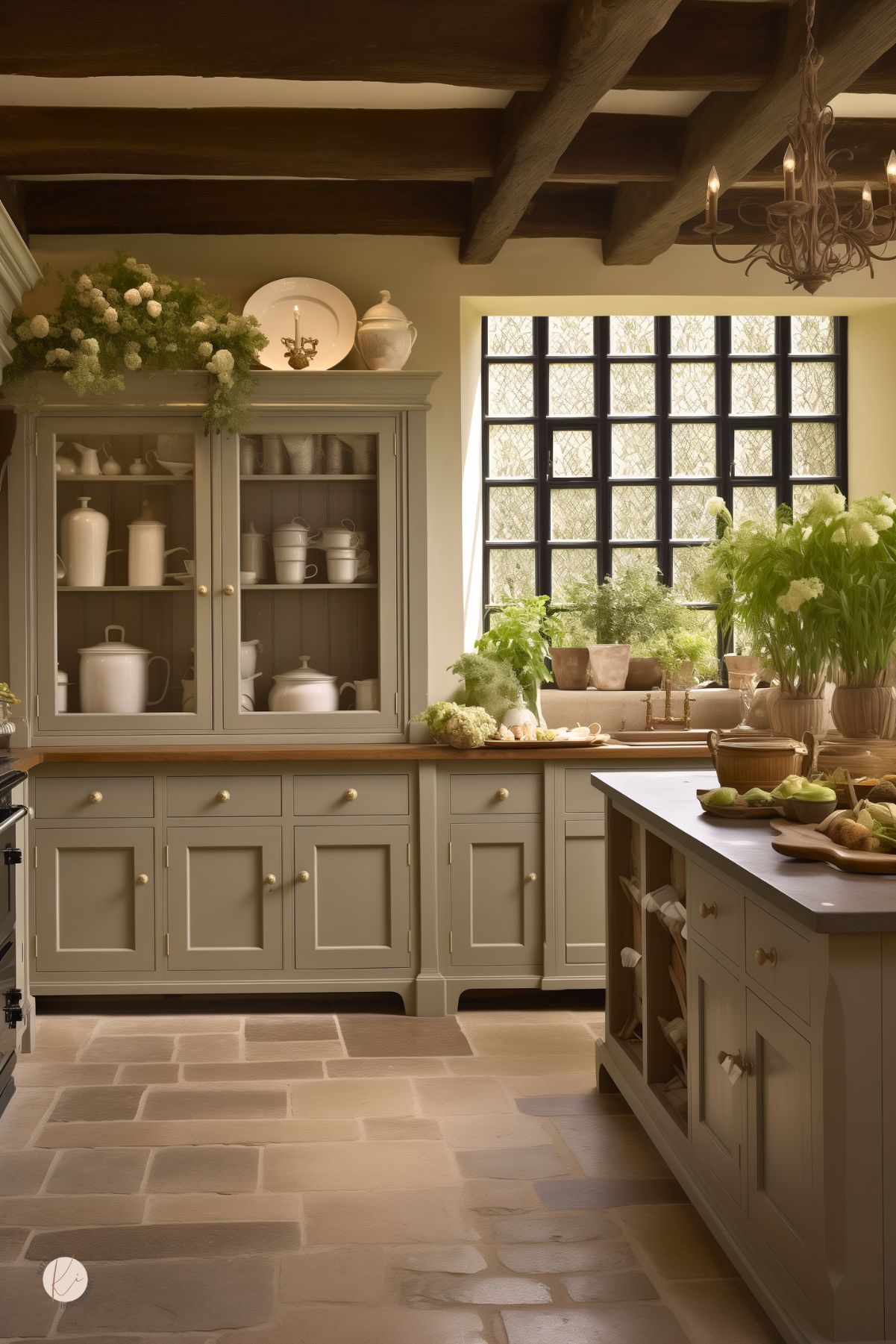 A cozy English country kitchen with muted sage cabinetry, a large island, and a warm stone floor. Exposed dark wooden beams and a wrought iron chandelier add rustic charm. A black-framed window lets in natural light, illuminating potted herbs and fresh produce on the countertops. Glass-front cabinets display white ceramic dishware, while wooden countertops and soft greenery enhance the inviting atmosphere.