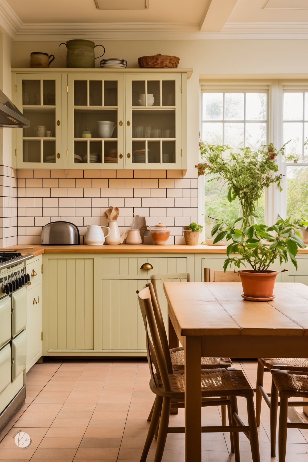 A charming English country kitchen with soft sage green cabinetry, glass-front upper cabinets, and a white subway tile backsplash. A natural wood dining table with woven-seat chairs sits near large windows that let in plenty of natural light. Potted plants add a fresh, organic feel, while rustic accents like terracotta pots and wooden countertops enhance the warm and inviting atmosphere.