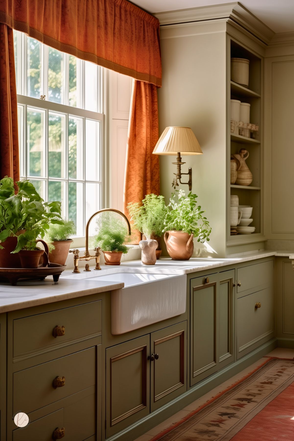 A warm and elegant English country kitchen with muted green cabinetry, a white farmhouse sink, and brass fixtures. A large window with rich terracotta curtains fills the space with natural light, illuminating potted herbs and rustic pottery on the marble countertop. Open shelving holds neutral-toned ceramics, while a vintage-inspired wall lamp adds a cozy touch. A patterned rug enhances the inviting atmosphere.