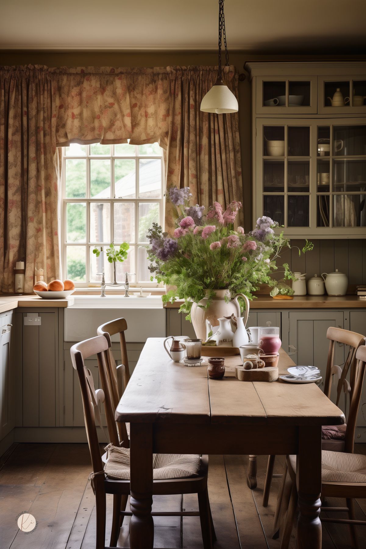 A cozy English country kitchen with muted sage cabinetry, a rustic wooden dining table, and vintage glass-front cabinets. Soft floral curtains frame a farmhouse sink, allowing natural light to filter in. The table is set with teacups, pastries, and a large pitcher filled with wildflowers in soft pink and purple hues. Warm wood flooring and classic details create a charming, lived-in feel.