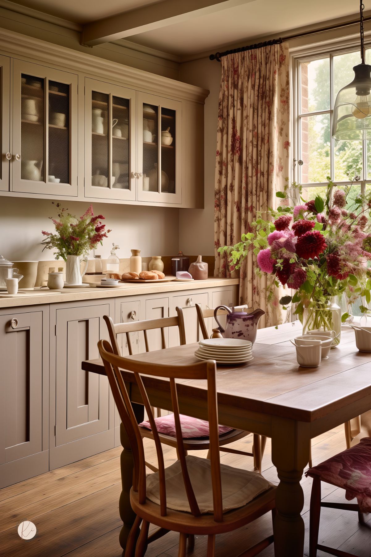 A cozy English country kitchen with muted taupe cabinetry, glass-front upper cabinets, and a rustic wooden dining table. Floral curtains frame a large window, letting in soft natural light. The table is set with stacked plates, teacups, and a purple floral pitcher, while a vase of deep red and pink flowers adds warmth. A loaf of bread and ceramic jars rest on the countertop, enhancing the inviting, vintage-inspired feel.