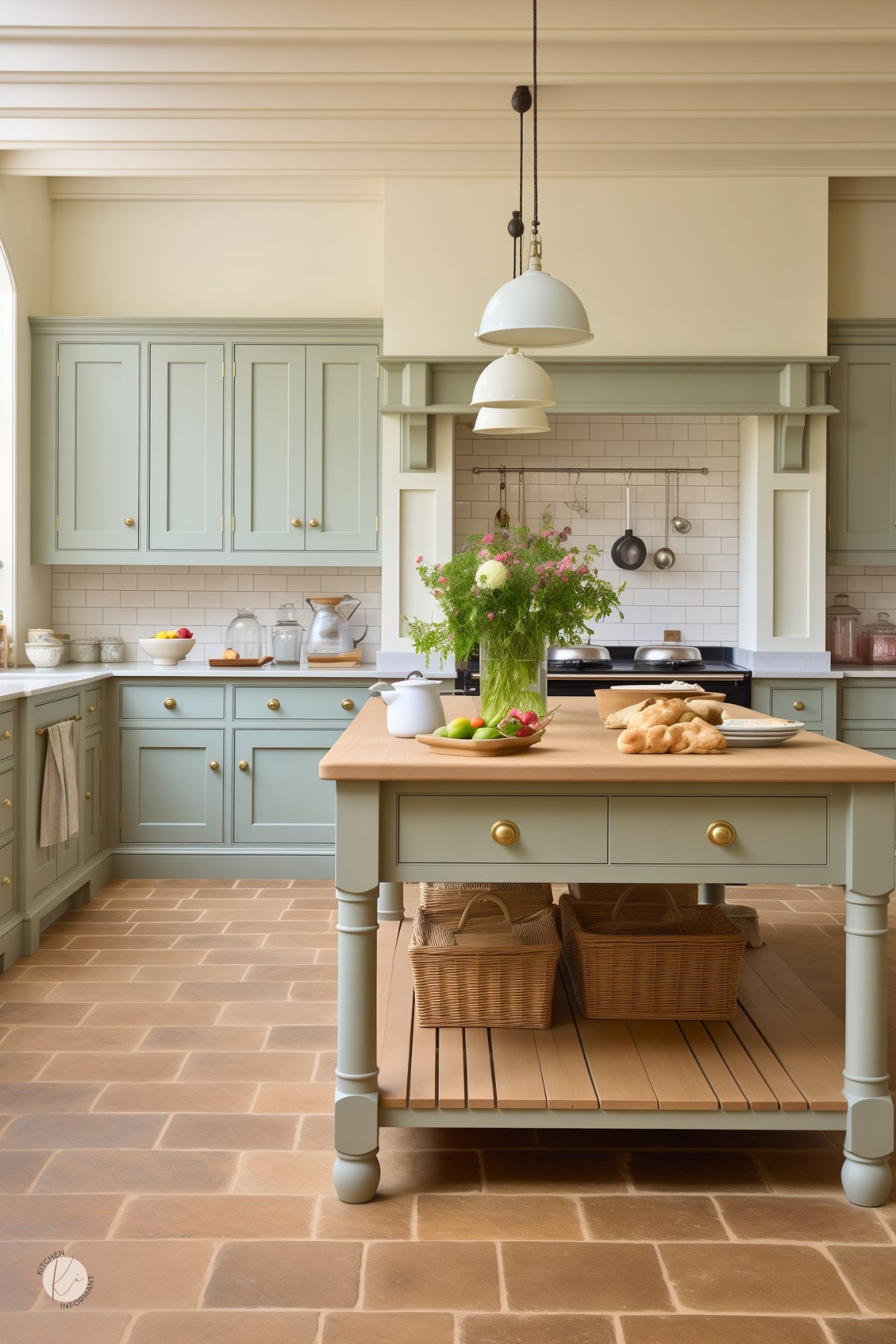 A light and airy English country kitchen with soft sage green cabinetry, brass hardware, and a warm butcher block island. White subway tiles and open shelving add a classic touch, while terracotta flooring enhances the rustic charm. Pendant lights hang above the island, which is adorned with fresh bread, fruit, and a vase of wildflowers. Wicker baskets provide cozy, functional storage beneath the island.