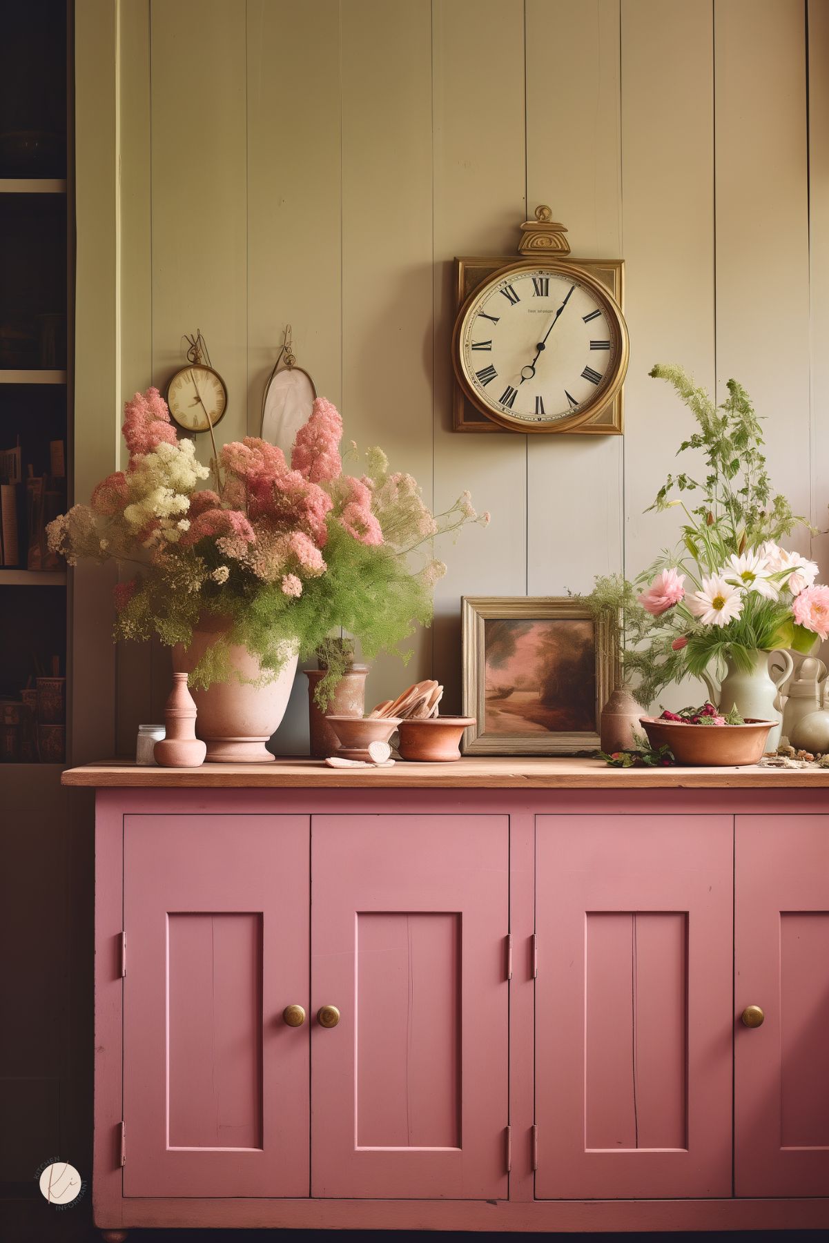  A charming English country kitchen with a muted pink wooden sideboard topped with rustic decor. A vintage-style gold clock hangs on the paneled wall, accompanied by framed artwork and delicate hanging mirrors. Soft pink and white floral arrangements in ceramic vases add a romantic touch, while terracotta bowls and wooden accents enhance the warm, cottage-inspired aesthetic.