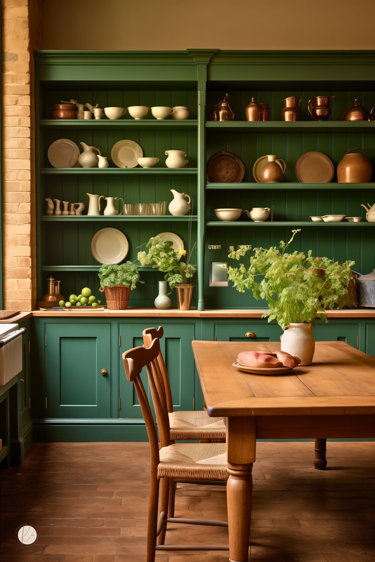 A traditional English country kitchen with deep green cabinetry and open shelving displaying white ceramic dishware and copper cookware. A rustic wooden dining table with woven-seat chairs sits in the foreground, adorned with a simple plate of sweet potatoes and a vase of fresh greenery. Exposed brick accents and warm wood countertops add to the cozy, vintage-inspired charm of the space.