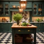 An English country kitchen with deep green cabinetry, brass hardware, and a warm butcher block island. A black-and-white checkered floor adds contrast, while glass-front cabinets display vintage dishware. Copper pots and lantern-style pendant lights enhance the classic charm. A skylight floods the space with natural light, illuminating fresh produce and greenery on the island.