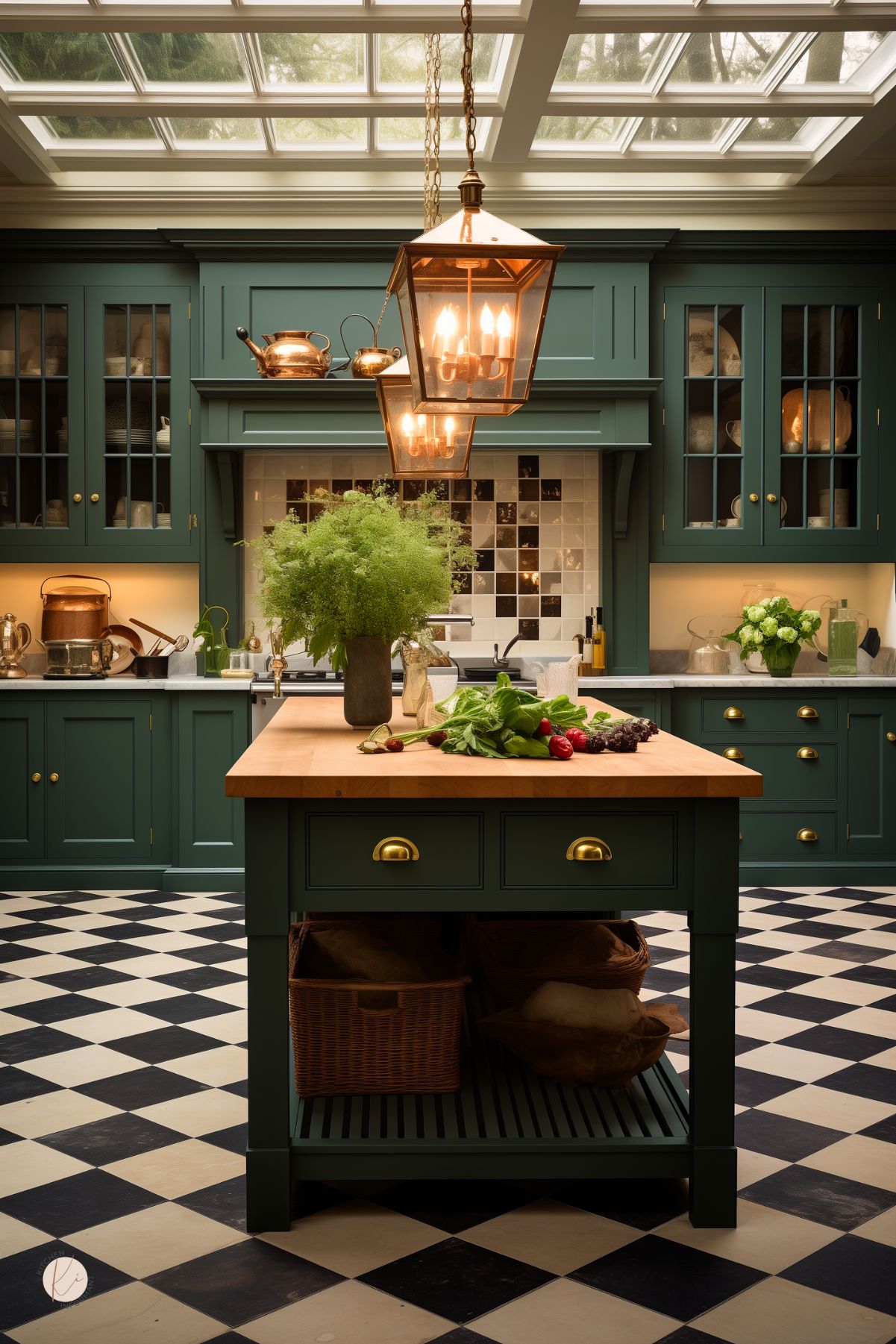 An English country kitchen with deep green cabinetry, brass hardware, and a warm butcher block island. A black-and-white checkered floor adds contrast, while glass-front cabinets display vintage dishware. Copper pots and lantern-style pendant lights enhance the classic charm. A skylight floods the space with natural light, illuminating fresh produce and greenery on the island.