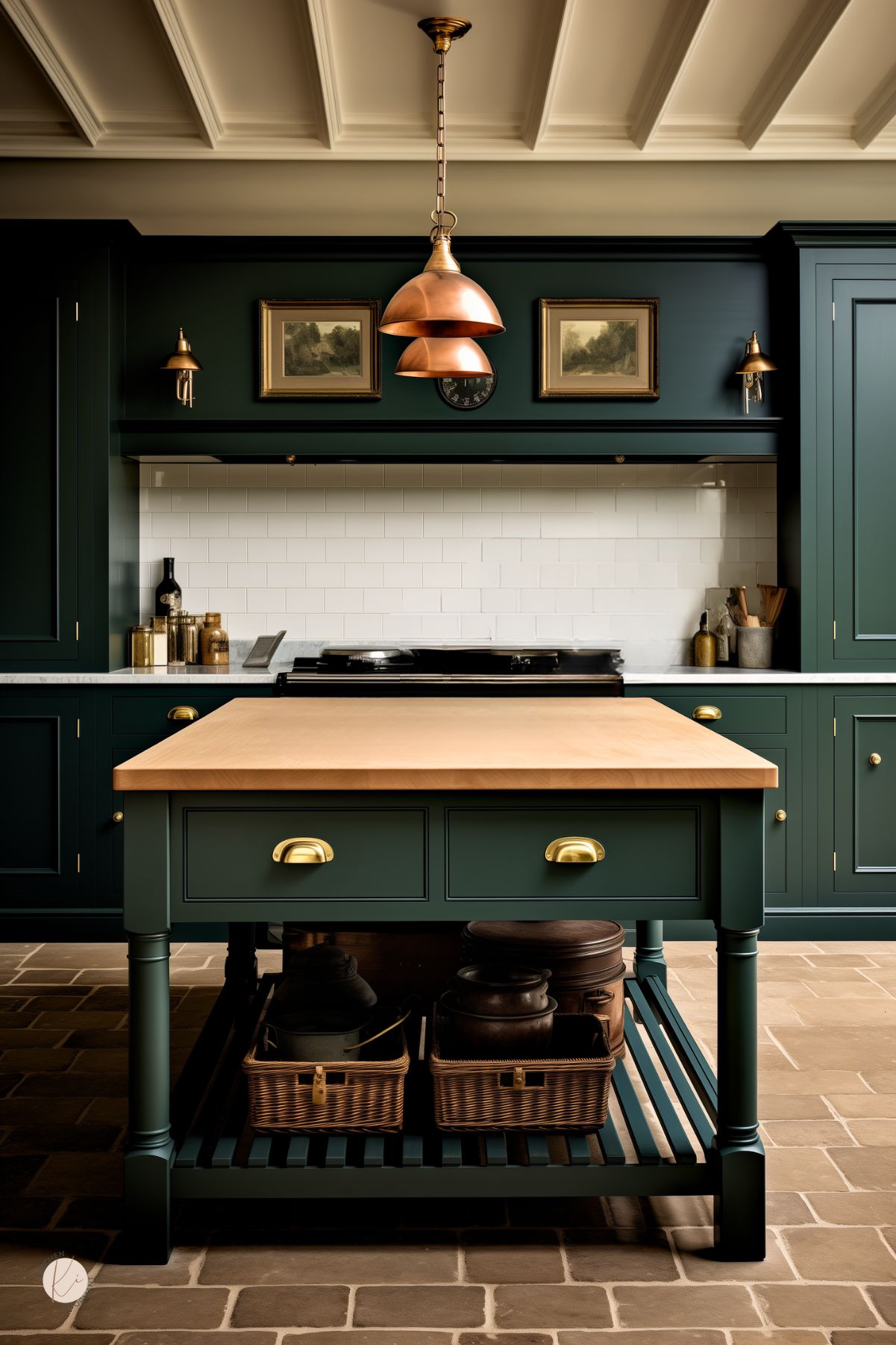 A sophisticated English country kitchen with deep green cabinetry, brass hardware, and a butcher block island. Copper pendant lights and vintage artwork add warmth, while a white subway tile backsplash keeps the space bright. Woven baskets and cast iron cookware are neatly stored beneath the island, enhancing the classic and functional design. The coffered ceiling and dark stone flooring complete the elegant look.