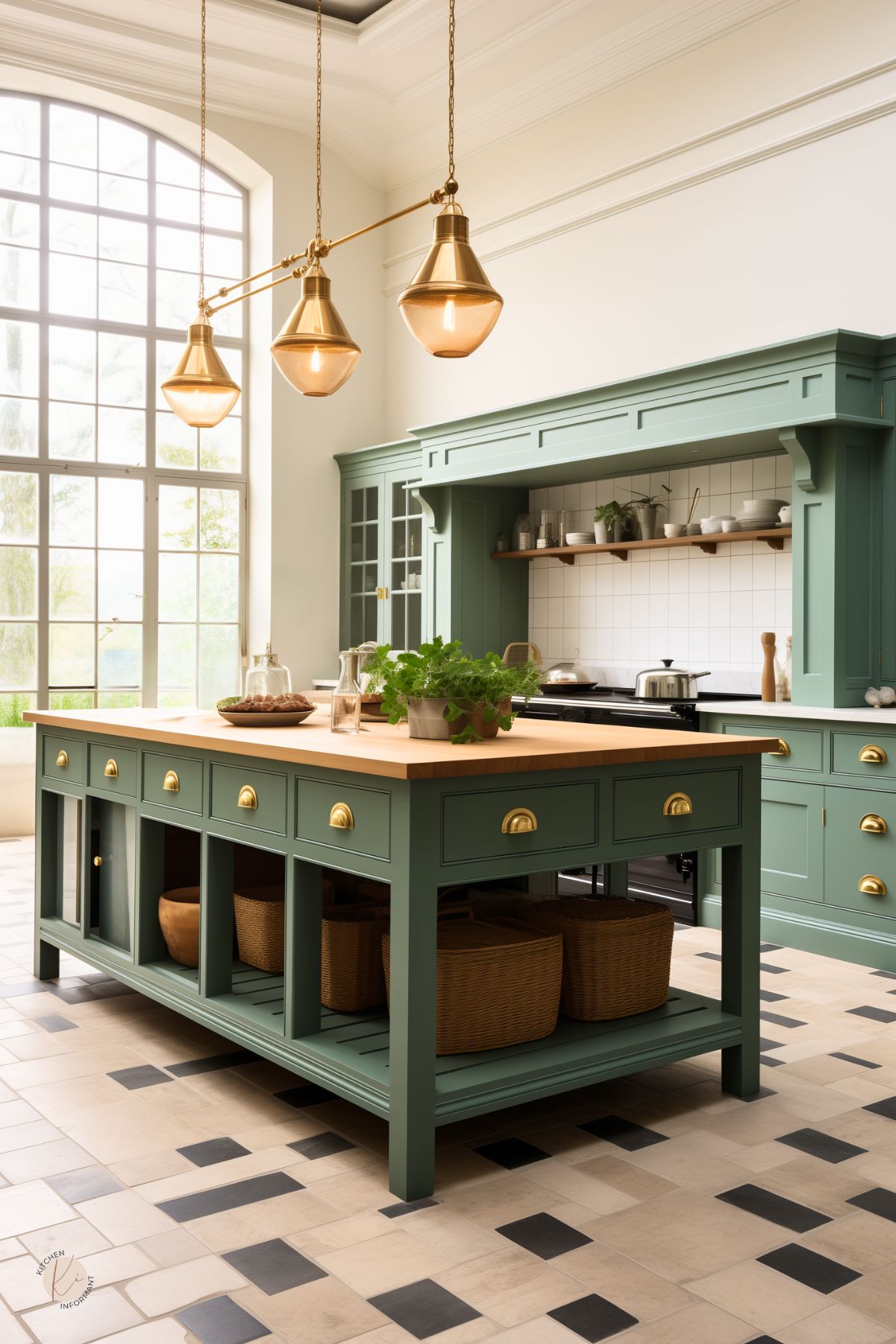 A sophisticated English country kitchen with sage green cabinetry, a large butcher block island, and brass hardware. Oversized pendant lights with glass and brass accents hang above the island, which features open shelving with woven baskets for storage. A black and white patterned tile floor contrasts with the warm wood tones, while a large arched window fills the space with natural light.