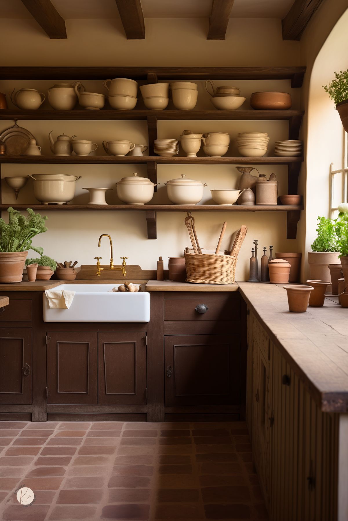 A rustic English country kitchen with dark wood cabinetry, a farmhouse sink, and open wooden shelves filled with cream-colored pottery and cookware. A brass faucet adds a vintage touch, while terracotta pots and wicker baskets enhance the earthy aesthetic. Exposed wooden beams and a brick floor contribute to the warm, old-world charm, with natural light streaming through a traditional window.