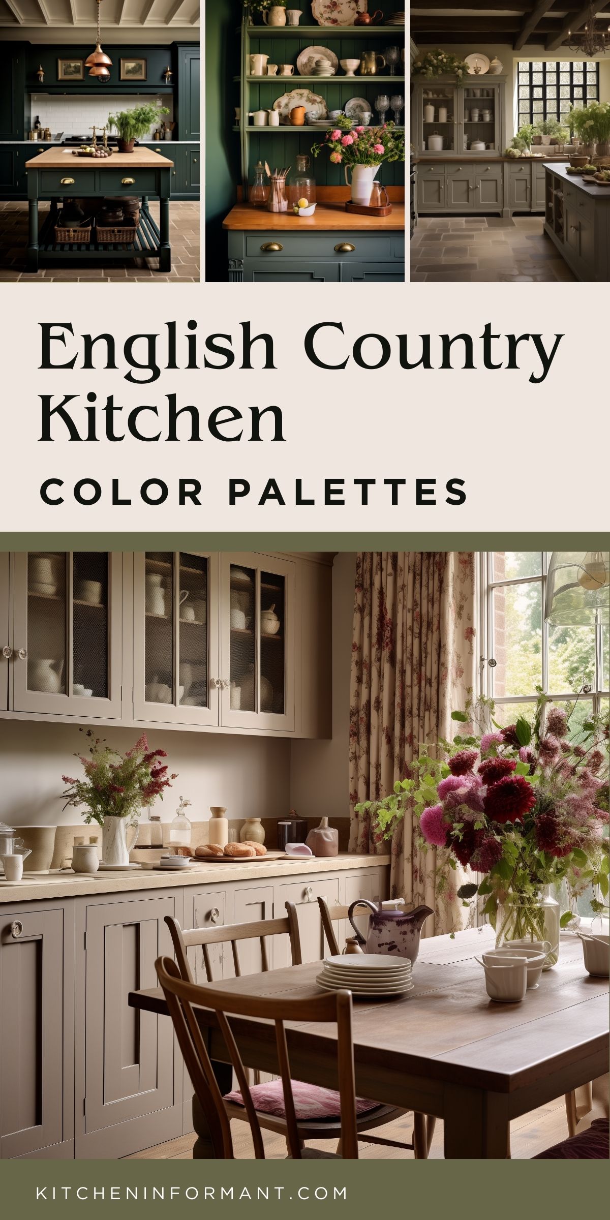 A collage of English country kitchens showcasing warm and muted color palettes. The top images feature green cabinetry with wooden countertops, open shelving with vintage dishware, and rustic accents. The bottom image highlights a soft beige kitchen with glass-front cabinets, floral curtains, and a cozy dining table set with plates and a floral centerpiece. The text overlay reads "English Country Kitchen Color Palettes."