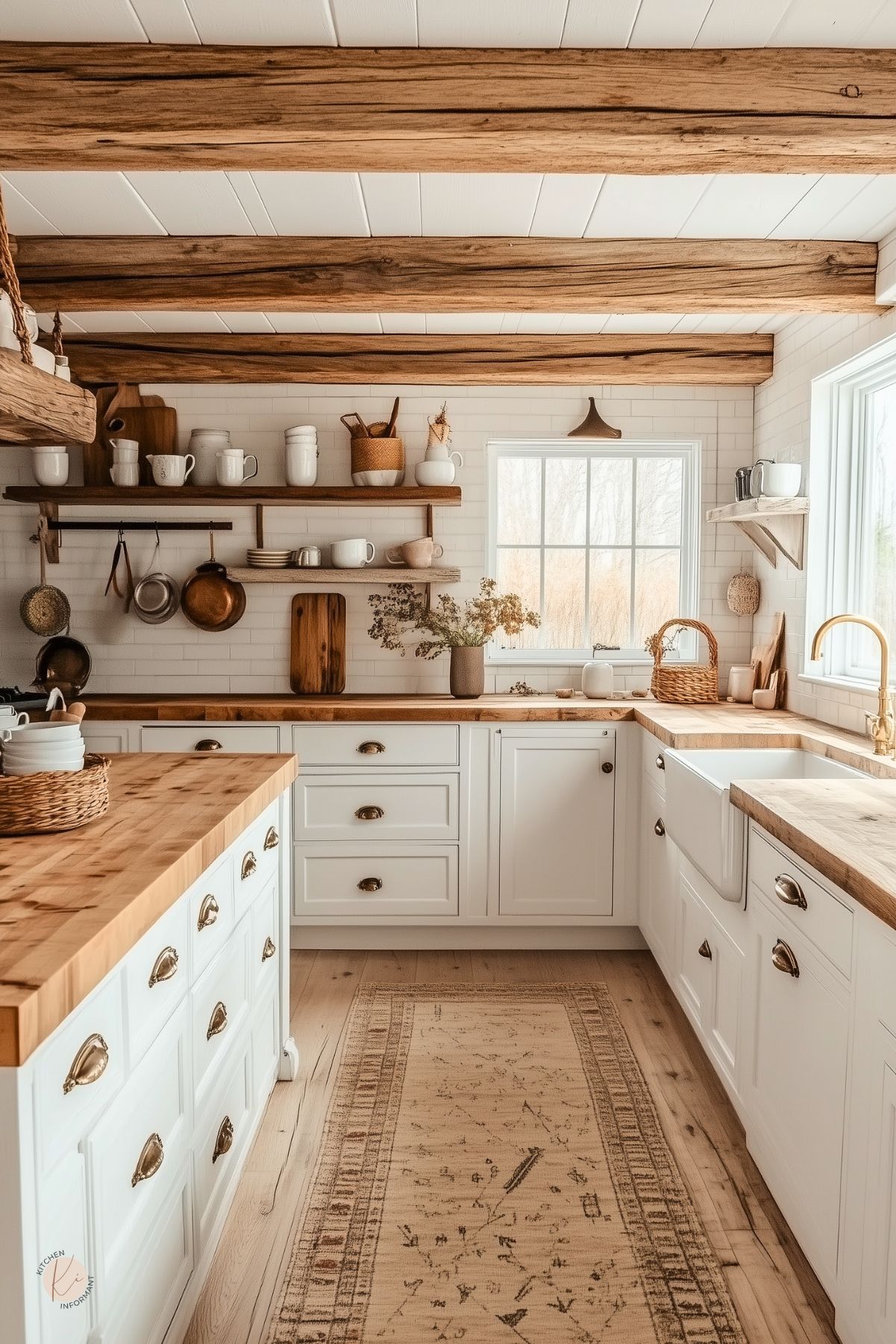 A warm and inviting cottage-style kitchen with white cabinetry, butcher block countertops, and exposed wood ceiling beams. Open wooden shelves hold white dishware, baskets, and copper pots, enhancing the rustic charm. A large farmhouse sink sits beneath a window, framed by a brass faucet. A neutral-toned runner softens the light wood floor, while natural light highlights the cozy, vintage-inspired details.