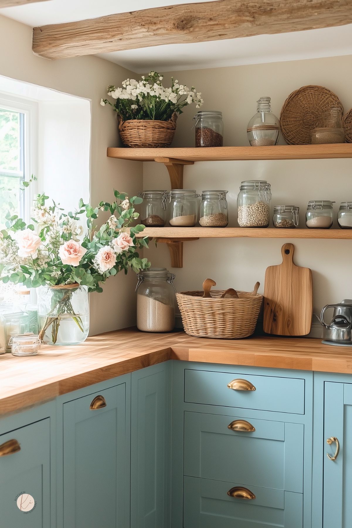 A charming cottage-style kitchen with soft blue cabinetry, warm wood countertops, and open wooden shelves holding glass jars filled with grains and dry goods. A woven basket with wooden utensils sits next to a cutting board. A large glass vase with fresh pink roses and greenery adds a touch of romance by the window. Exposed wooden beams on the ceiling enhance the rustic, cozy feel.