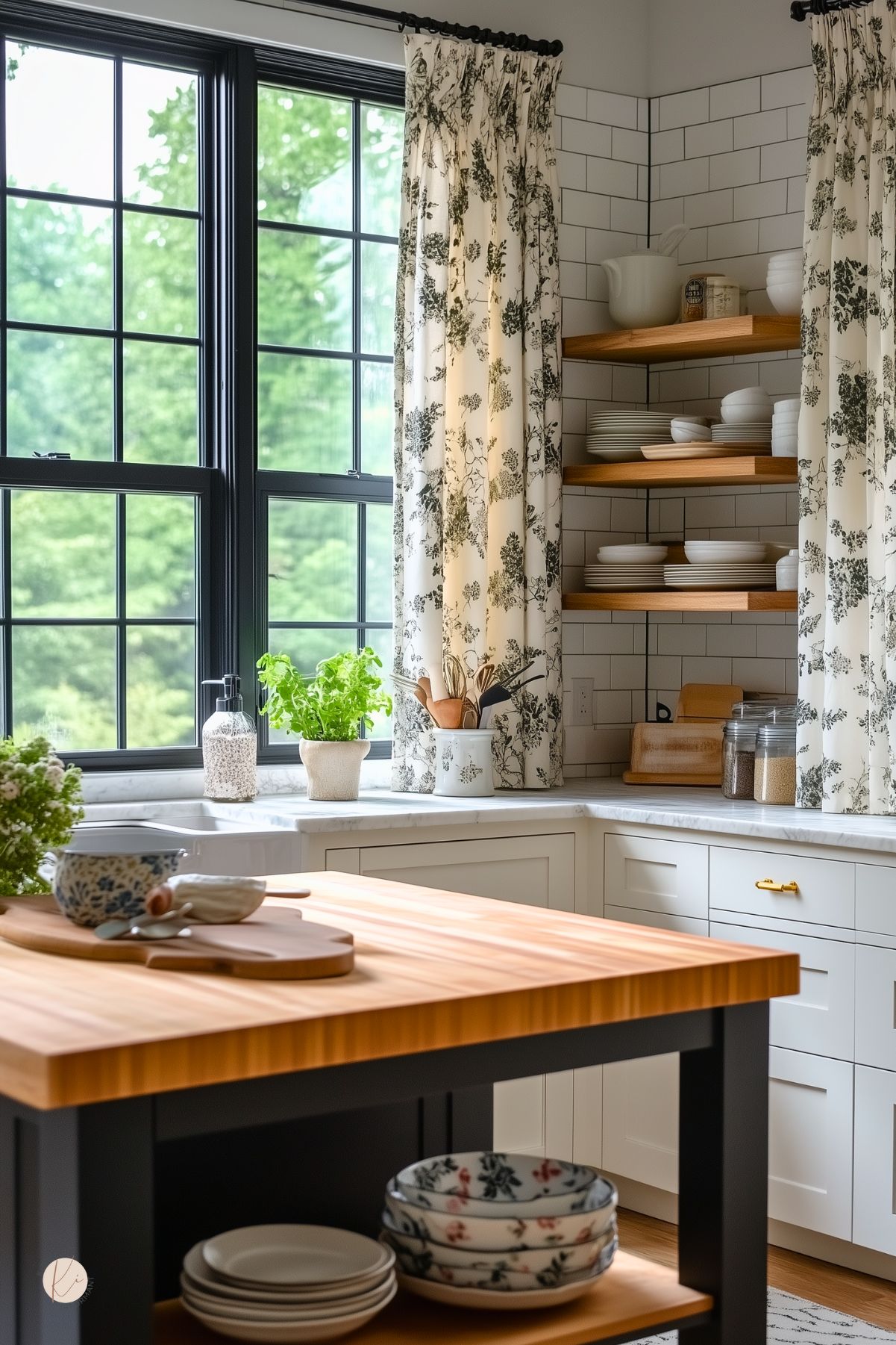 A bright and elegant cottage-style kitchen with white cabinetry, a butcher block island with dark legs, and a marble countertop. Large black-framed windows bring in natural light, framed by floral-patterned curtains. Open wooden shelves hold neatly stacked white dishware, while potted herbs and glass jars add warmth. White subway tiles enhance the classic feel, and gold hardware provides a subtle touch of luxury.