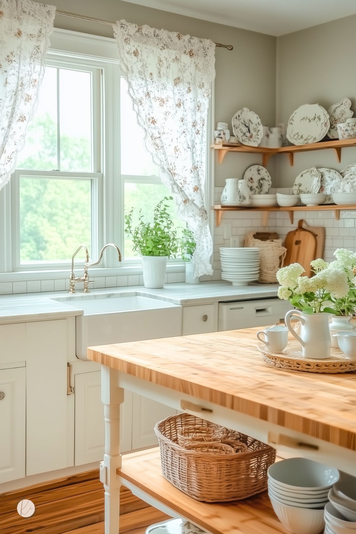 A bright and airy cottage-style kitchen with a large farmhouse sink, white cabinetry, and a butcher block island. Delicate lace curtains frame the windows, allowing natural light to highlight the soft, neutral tones. Open wooden shelves hold vintage floral-patterned dishware, while potted herbs and fresh flowers add warmth. A brass faucet and woven baskets enhance the rustic charm, creating a cozy and inviting space.