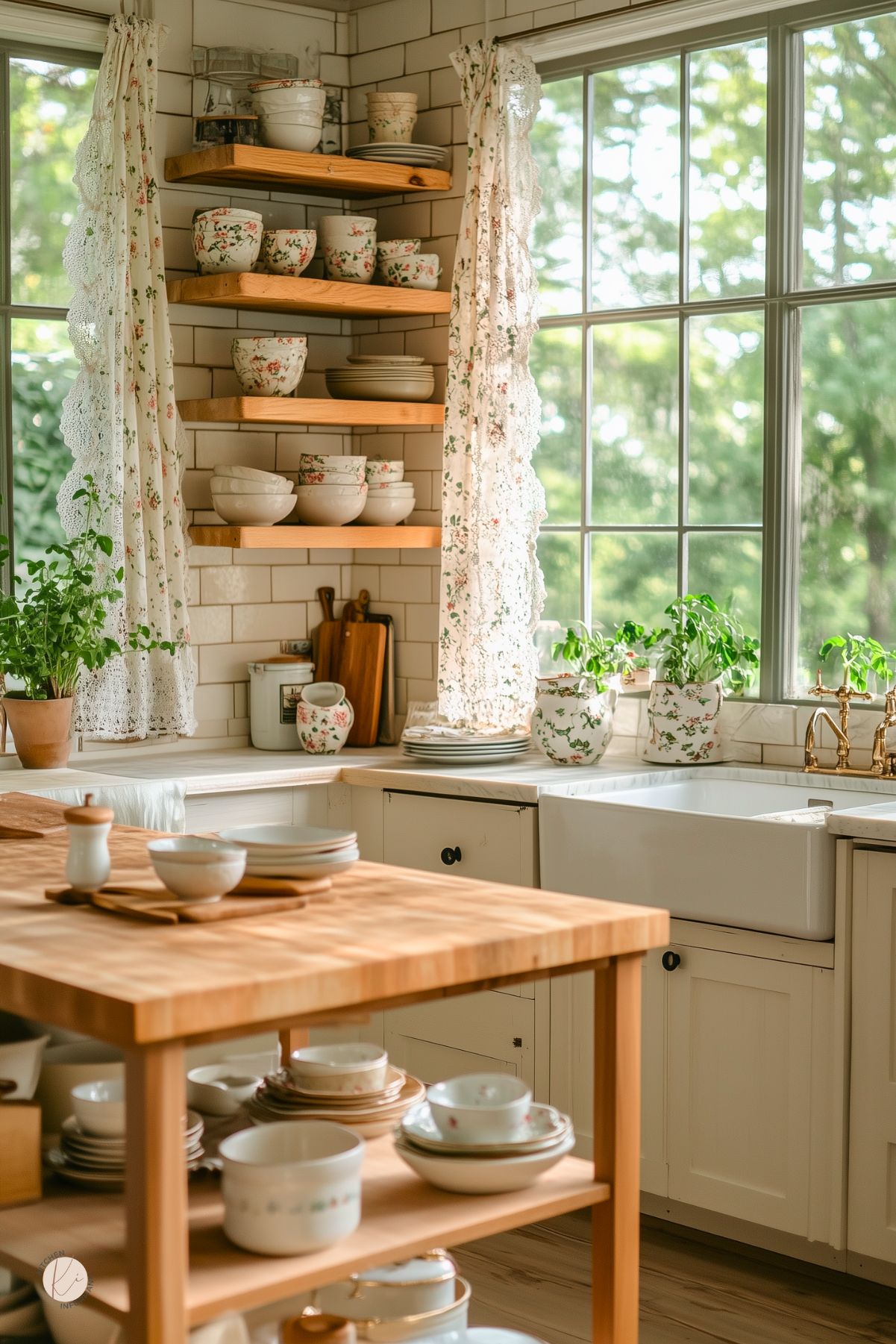 A bright cottage-style kitchen with white cabinetry, a large farmhouse sink, and a butcher block island. Open wooden shelves hold floral-patterned dishes, while lace-trimmed curtains frame the large windows, letting in natural light. Potted herbs sit on the windowsill, adding a fresh touch. White subway tile walls and brass fixtures enhance the vintage charm, creating a warm and inviting space.