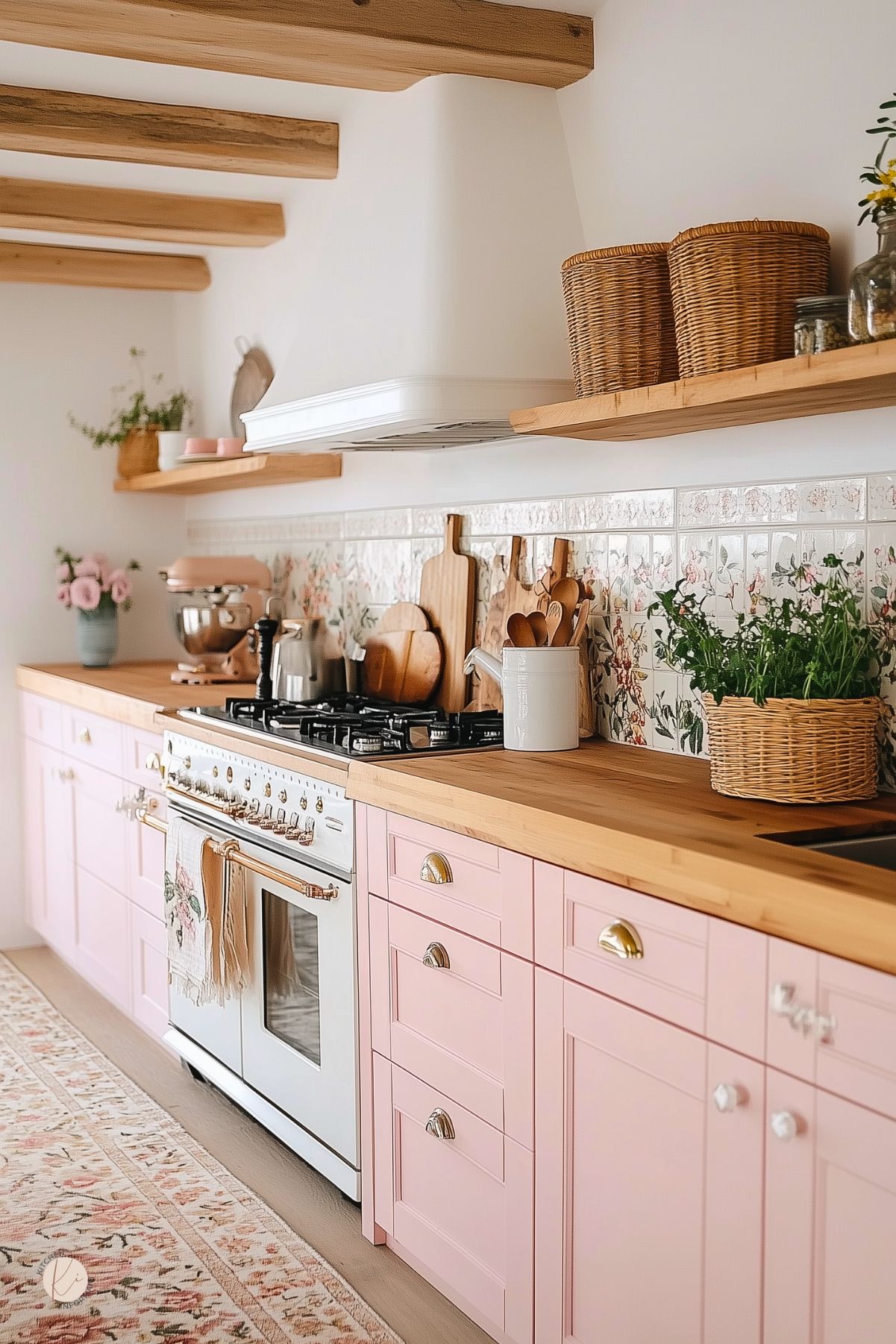 A charming kitchen with soft pink cabinetry, warm wood countertops, and a vintage-style white gas range with gold accents. Floral tile backsplash adds a delicate touch, complementing the woven baskets and wooden cutting boards. Open wooden shelves hold kitchen essentials, while fresh flowers and greenery bring in natural warmth. Exposed wooden beams and a floral-patterned rug enhance the cozy, cottagecore aesthetic.