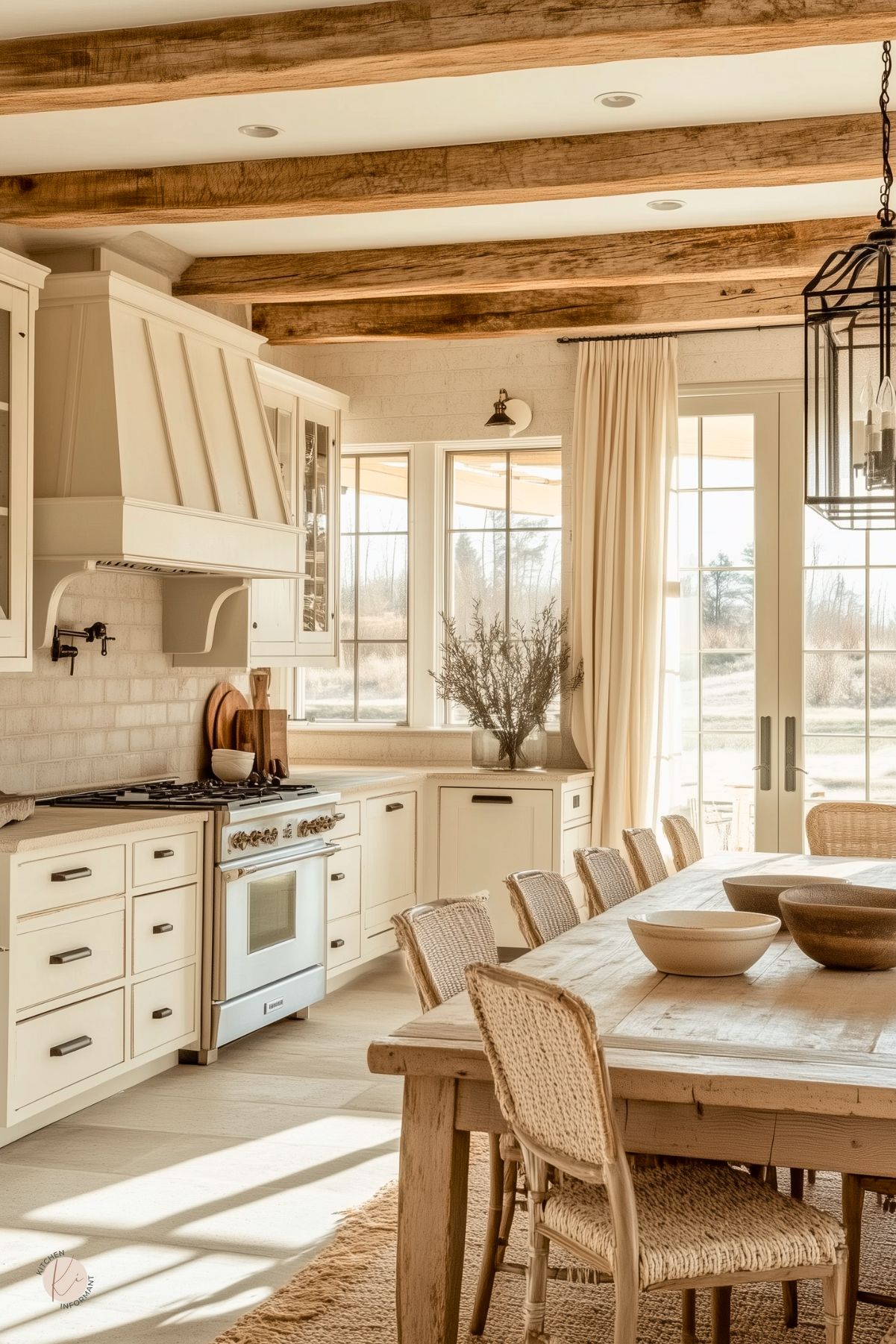 A warm and inviting farmhouse kitchen with creamy white cabinetry, rustic wood ceiling beams, and a vintage-style gas range. A large wooden dining table with woven chairs sits in the center, creating a cozy gathering space. Soft natural light filters through large windows and French doors, framed by flowing beige curtains. A black lantern-style pendant light adds contrast, while subtle greenery enhances the organic, lived-in feel.