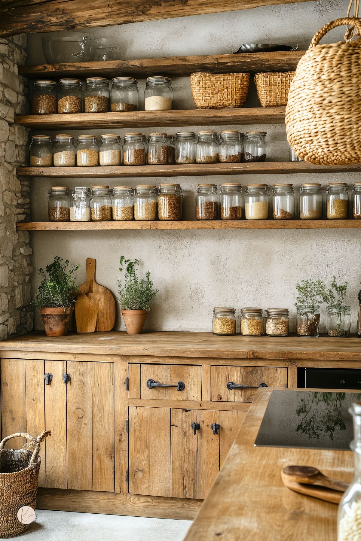 A rustic cottage-style pantry with natural wood cabinetry, open wooden shelves, and a textured stone wall. Glass jars filled with grains, beans, and pasta are neatly arranged, while woven baskets provide additional storage. Wooden cutting boards lean against the wall, adding warmth and functionality. Potted herbs in terracotta pots bring a fresh, organic touch, while a woven basket hangs in the foreground, enhancing the cozy farmhouse feel.