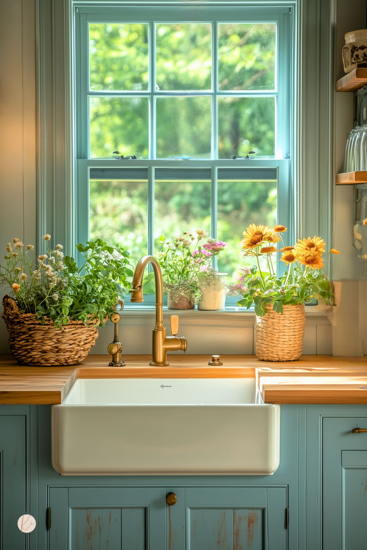 A charming farmhouse kitchen sink set beneath a large window framed in soft blue. A brass faucet adds vintage elegance, complementing the distressed blue cabinetry and warm wood countertops. Potted herbs and fresh flowers in woven baskets bring a natural, cottagecore touch. Open shelving on the right holds glassware, while sunlight filters through the lush greenery outside, enhancing the cozy, inviting atmosphere.