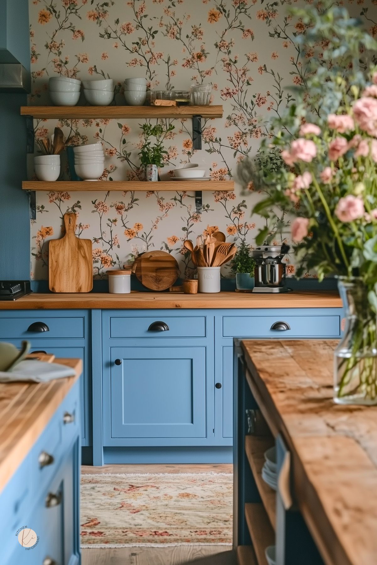 A cozy cottage-style kitchen with blue cabinetry, warm wood countertops, and open wooden shelves displaying white dishware and potted herbs. The floral wallpaper adds vintage charm, complementing the rustic touches like wooden cutting boards and ceramic jars. A butcher block island provides extra storage and workspace, while a vase of fresh pink flowers softens the space. A patterned rug enhances the warm, inviting feel.