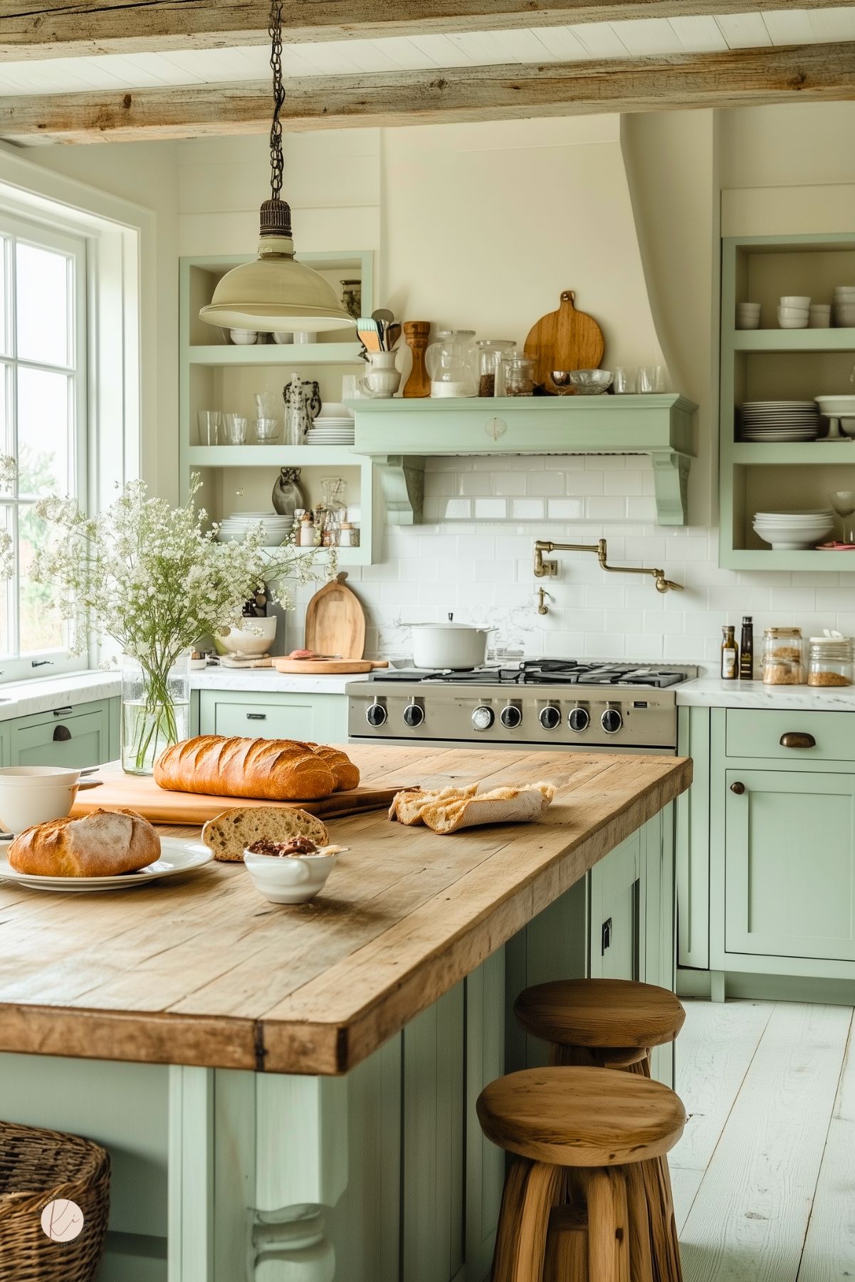 A cozy farmhouse kitchen with soft sage green cabinetry, open shelving, and rustic wood accents. A large wooden island with matching stools serves as the centerpiece, topped with freshly baked bread and a vase of delicate white flowers. A vintage-style pendant light hangs from the exposed wood beam ceiling. White subway tiles and a brass pot filler add classic charm, while natural light streams in from a large window.