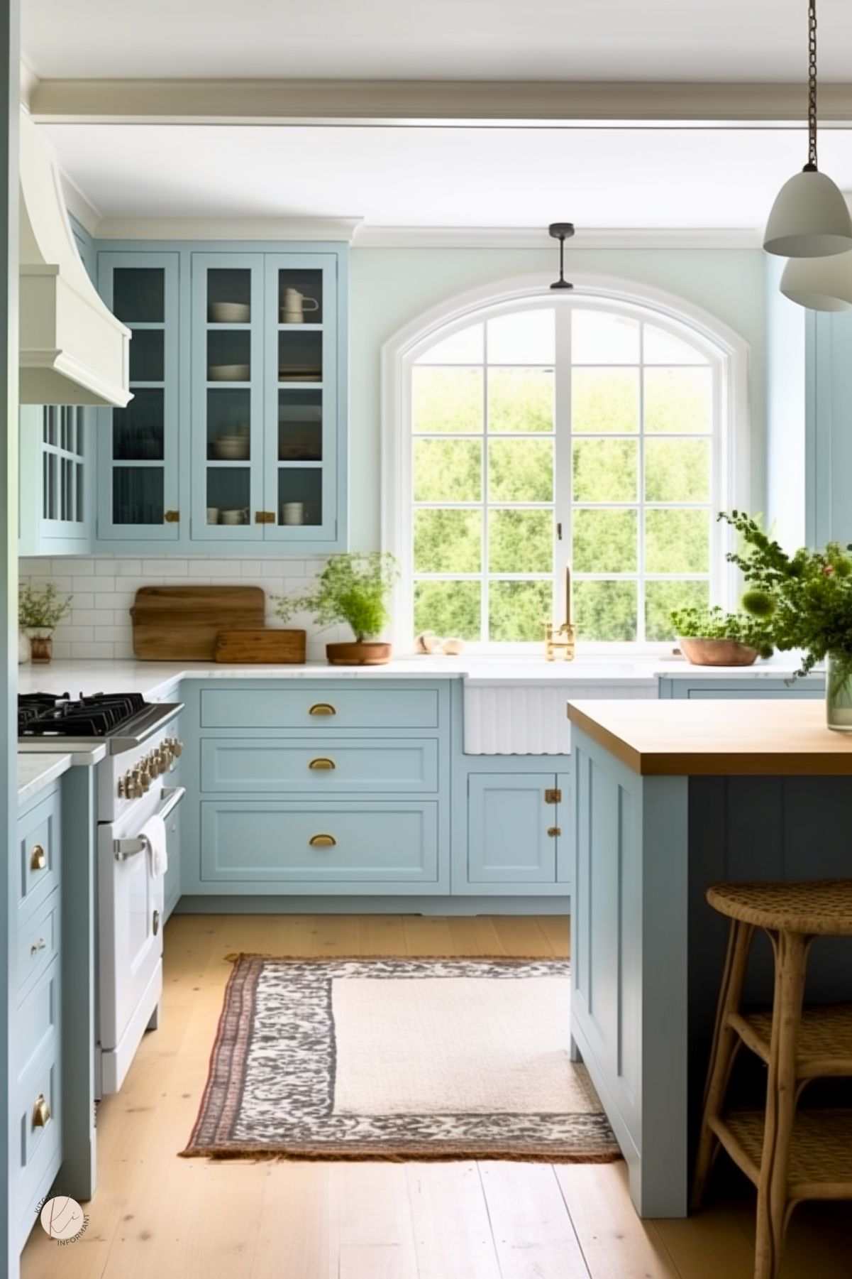 A bright and airy cottage-style kitchen with soft blue cabinetry, brass hardware, and a large farmhouse sink beneath an arched window. White subway tile and glass-front cabinets add a classic touch, while warm wood accents, including cutting boards and a butcher block island, enhance the cozy feel. A vintage-style rug softens the light wood flooring, and woven stools provide a rustic charm. Lush greenery adds a fresh, natural element.