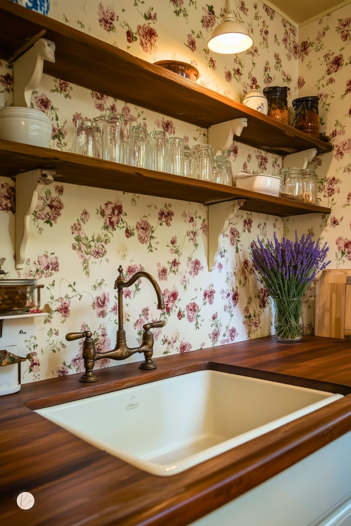 A charming cottage-style kitchen with a white farmhouse sink set into rich wood countertops. A vintage brass faucet enhances the rustic feel, while open wooden shelves hold glassware, jars, and dishware. Floral wallpaper with deep red and pink roses adds a nostalgic touch. A bundle of fresh lavender in a glass vase brings a pop of color, and warm lighting above the sink enhances the cozy atmosphere.