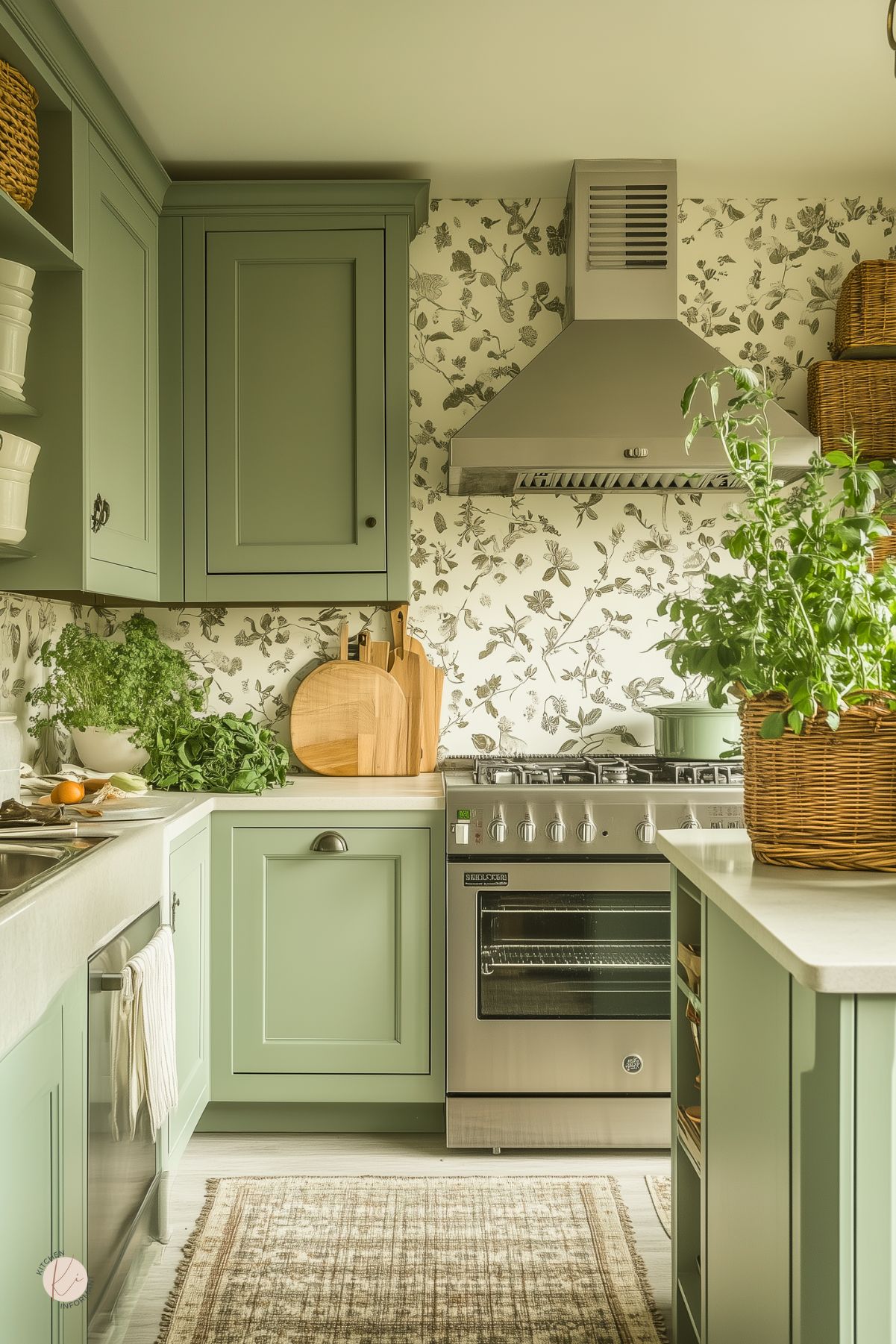 A cozy cottagecore kitchen with sage green cabinetry, floral wallpaper, and a stainless steel gas range with a vent hood. A white stone countertop holds wooden cutting boards and fresh herbs. Woven baskets add texture, while open shelves display white dishware. A soft, patterned rug lies on the light wood floor, enhancing the warm and inviting feel.