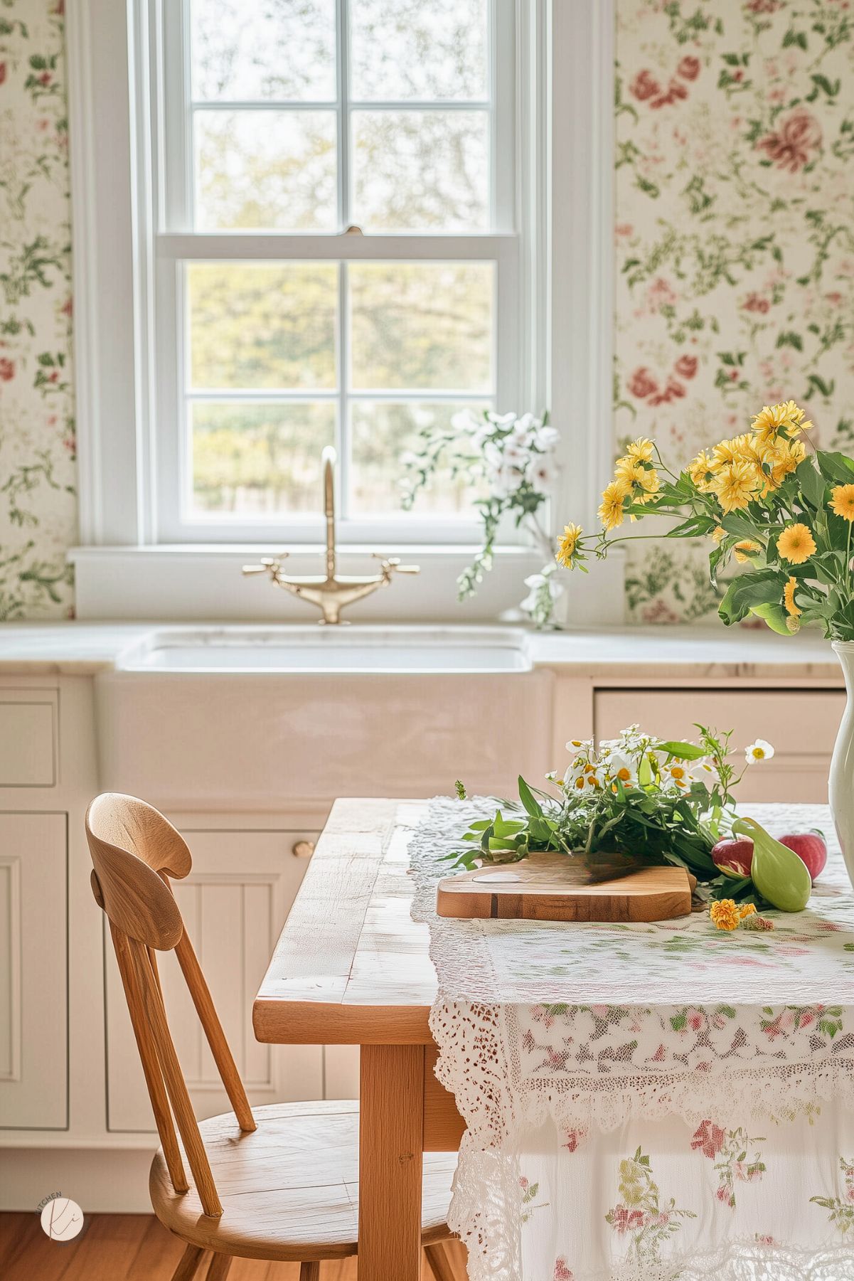 A bright and romantic cottage-style kitchen with a large farmhouse sink beneath a sunlit window. Floral wallpaper in soft pinks and greens enhances the vintage charm. A rustic wooden dining table with a delicate lace-trimmed floral tablecloth sits nearby, decorated with fresh yellow flowers, herbs, and apples. A wooden chair with a curved back adds warmth, while a brass faucet adds a touch of elegance.