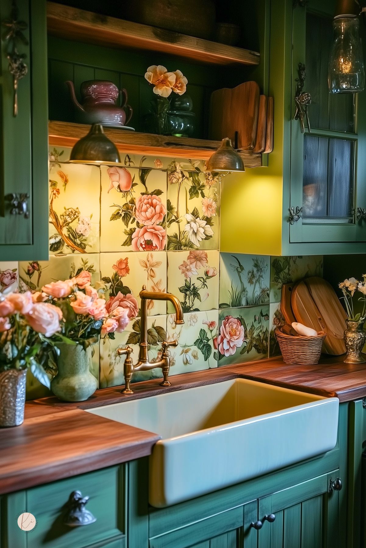 A moody cottage-style kitchen with deep green cabinetry, a white farmhouse sink, and warm wood countertops. The floral tile backsplash features large, hand-painted roses in soft pinks and greens, adding a vintage charm. A brass faucet complements the antique-inspired lighting and rustic open shelving, which holds teapots, cutting boards, and small vases with fresh flowers. Soft lighting enhances the cozy, romantic ambiance.