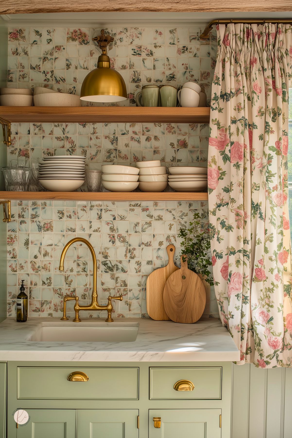 A charming cottage-style kitchen with sage green cabinetry, a white marble countertop, and a brass faucet. Delicate floral-patterned tiles serve as a backsplash, complementing the open wooden shelves stocked with neutral dishware and glassware. A vintage-inspired brass pendant light adds warmth, while a floral curtain softens the space. Wooden cutting boards and fresh greenery enhance the cozy, romantic feel.