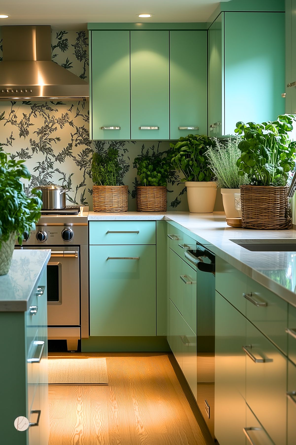 A modern kitchen with mint green cabinetry, sleek silver handles, and a white marble countertop. A stainless steel gas range and vent hood contrast with the black-and-white botanical wallpaper. Potted herbs, including basil, rosemary, and lavender, sit in woven and ceramic planters, bringing a fresh, organic touch. Warm wood flooring and soft recessed lighting enhance the cozy yet contemporary feel.