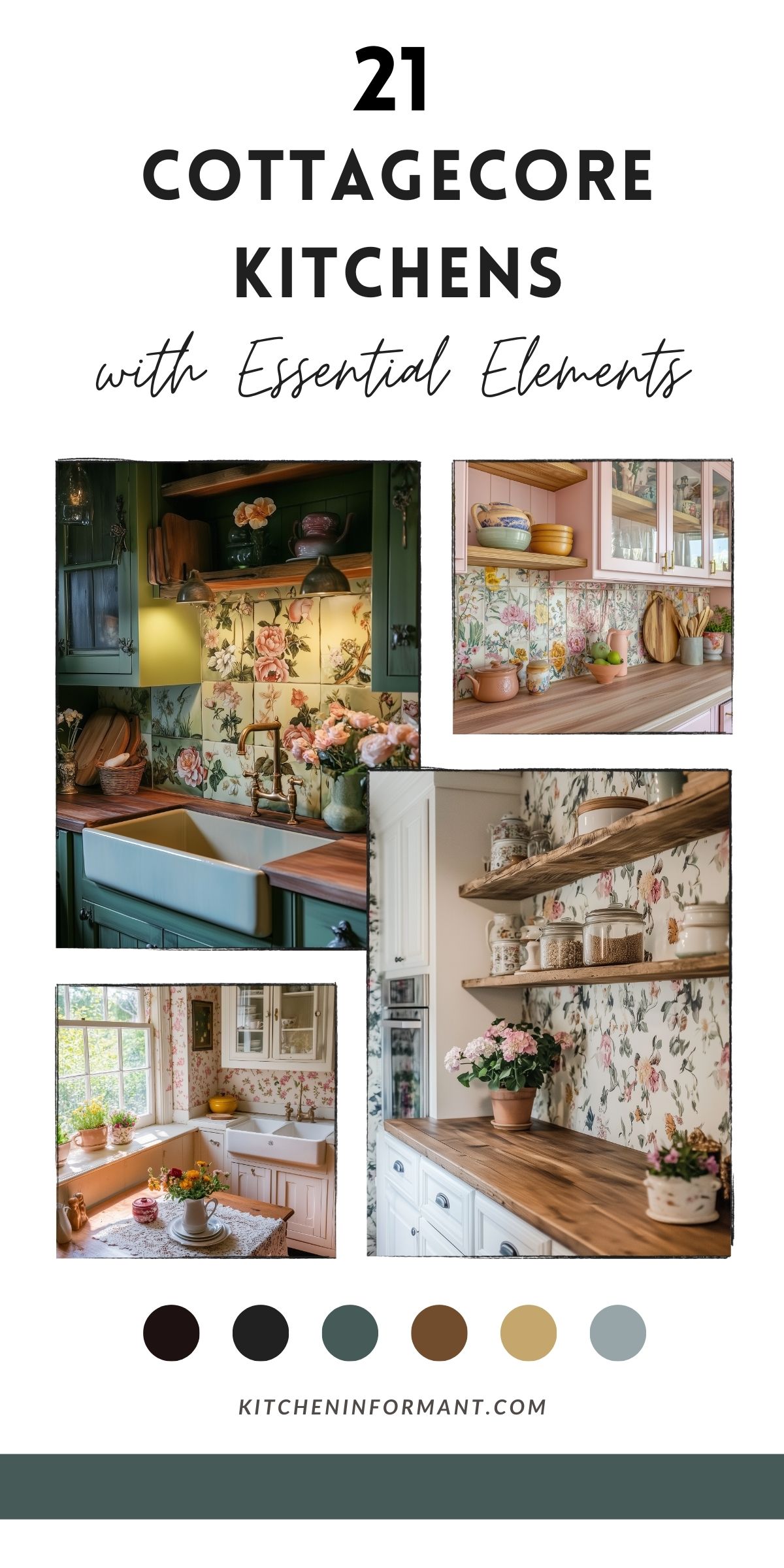 A digital collage-style graphic featuring the title "21 Cottagecore Kitchens with Essential Elements" in bold black and script fonts. The layout includes four photos of cozy cottage-style kitchens with floral backsplashes, pastel cabinetry, wooden countertops, and farmhouse sinks. A color palette at the bottom showcases warm earth tones, muted greens, and soft neutrals. The website "kitcheninformant.com" is displayed prominently.