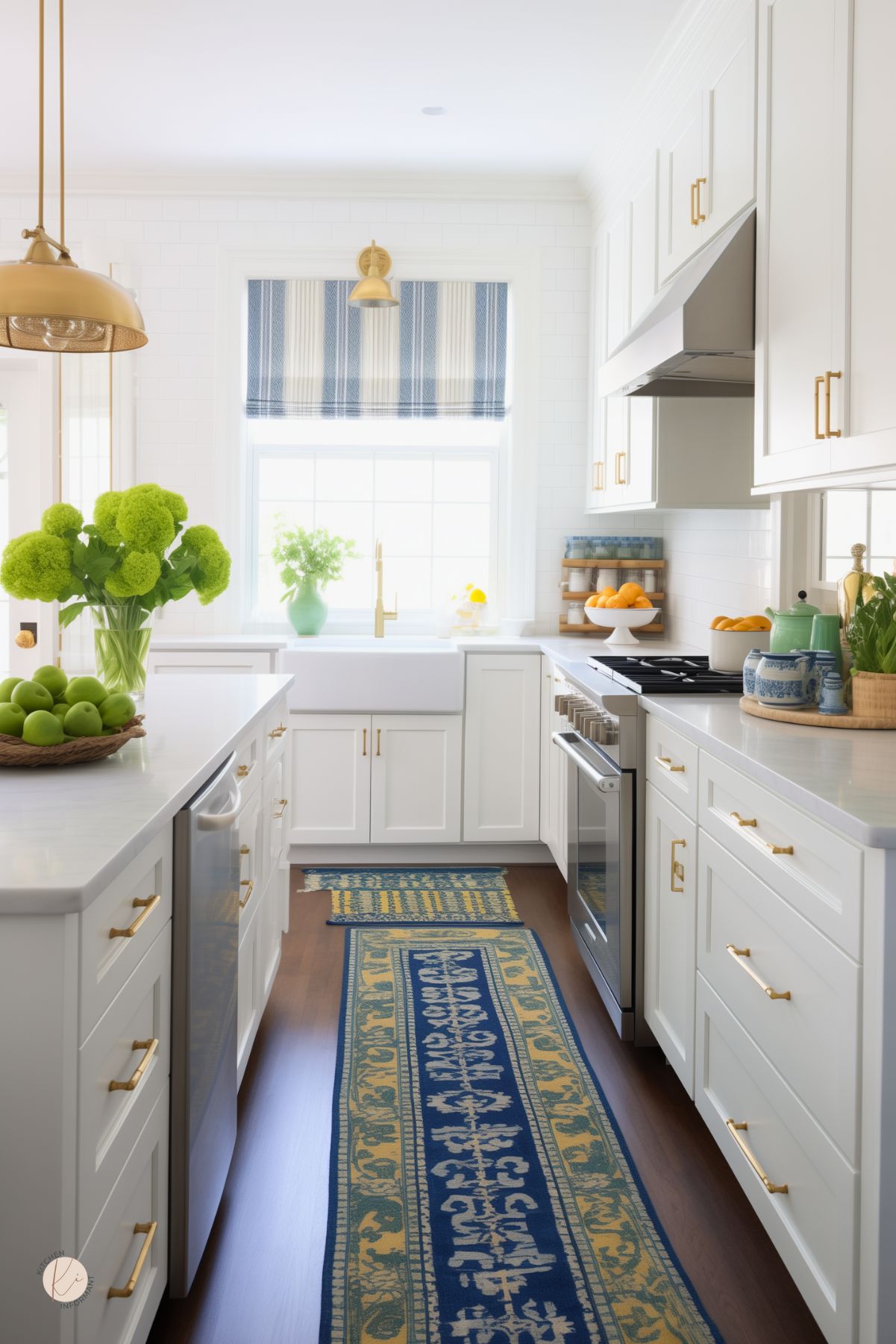 This kitchen features crisp white shaker cabinets with gold hardware, a farmhouse sink, and a sleek white subway tile backsplash. A bold blue and yellow patterned runner adds contrast against the dark wood flooring. The striped blue and white Roman shade complements the rug, while brass pendant lights enhance the warm accents. Fresh green hydrangeas and apples bring a vibrant touch to the bright and airy space.