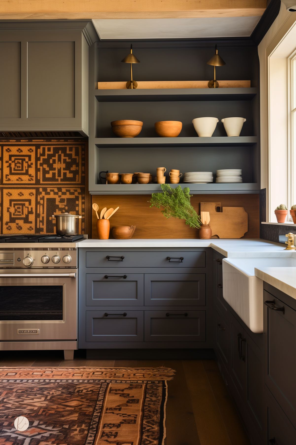 This kitchen features deep charcoal shaker cabinets with black hardware, a white farmhouse sink, and a warm wood backsplash. A striking geometric tile backsplash in earthy brown tones adds texture, complemented by a coordinating rug. Open shelving showcases rustic wood bowls and ceramic dishware, while brass sconces provide soft lighting. The mix of dark tones and natural materials creates a cozy, modern rustic feel.