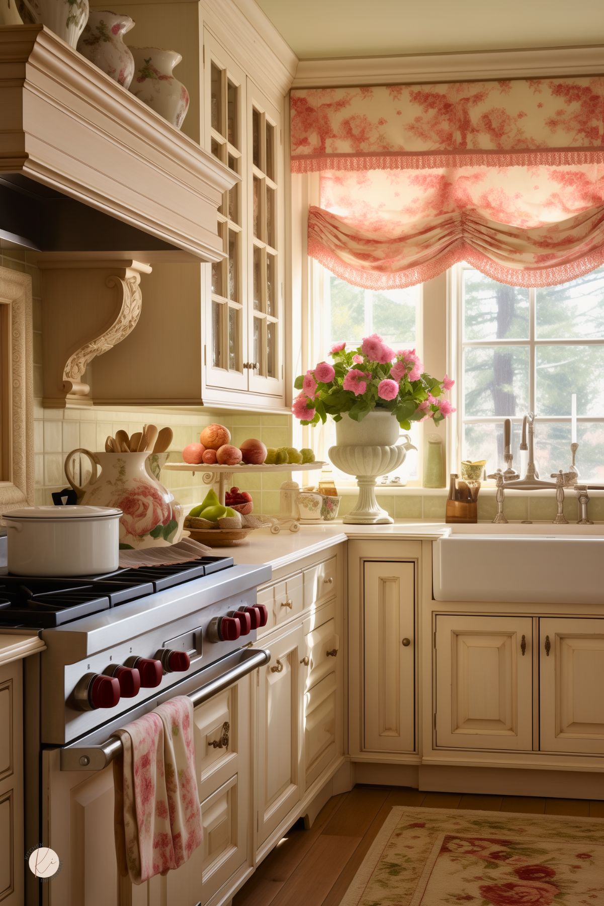 This romantic French country kitchen features cream cabinetry with ornate molding, a farmhouse sink, and soft green tile backsplash. A pink toile Roman shade and floral accents enhance the vintage charm, while an elegant urn filled with fresh pink roses sits by the window. Delicate dishware, brass fixtures, and a plush floral rug complete the warm, inviting aesthetic.