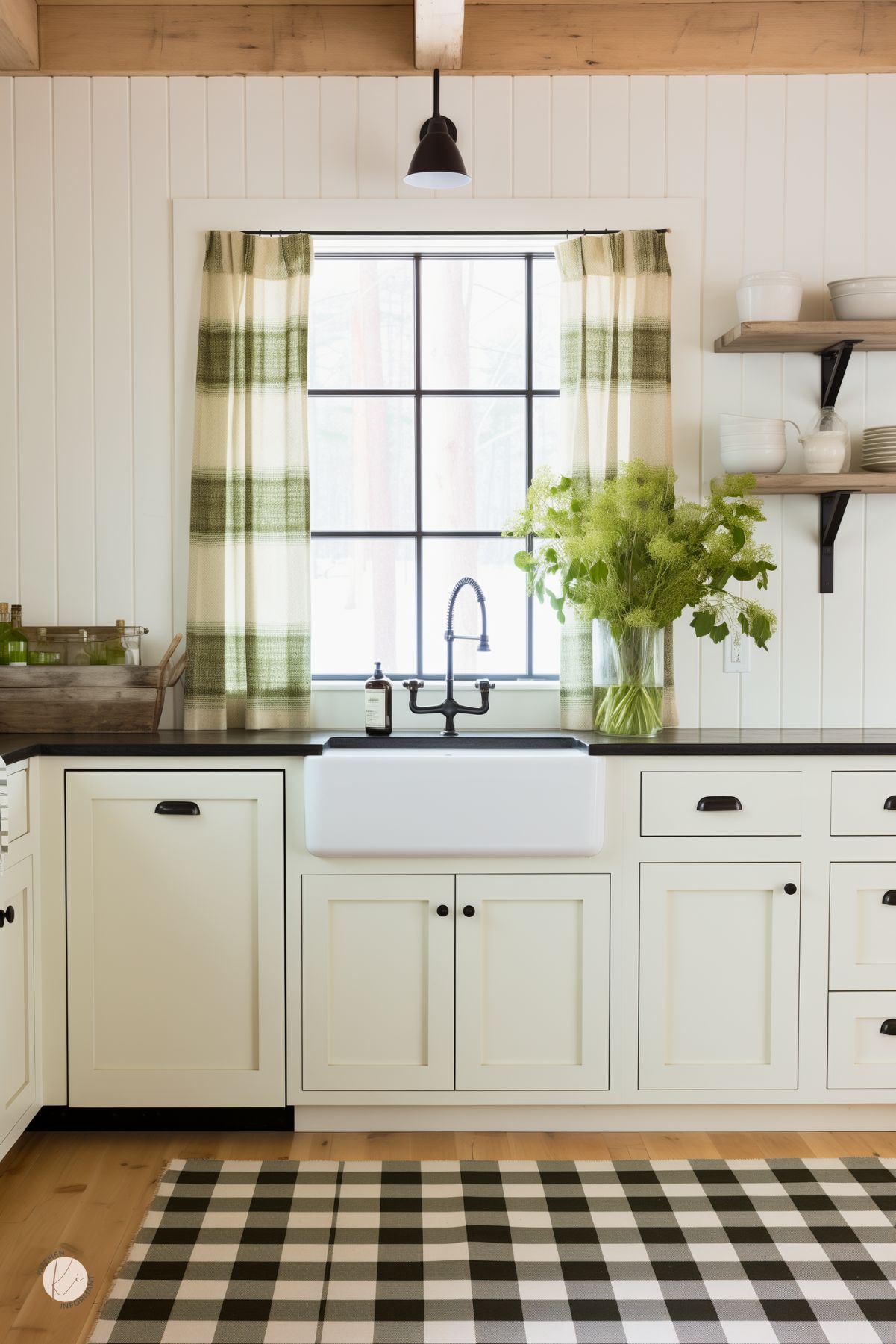 This farmhouse-style kitchen features creamy white shaker cabinets with black hardware, a black countertop, and a classic white farmhouse sink. A large black-framed window is dressed with green plaid curtains, complementing the matching buffalo check rug. Open wood shelves display neutral dishware, while fresh greenery in a glass vase adds a natural touch. Exposed wood beams and vertical paneling complete the cozy, rustic charm.