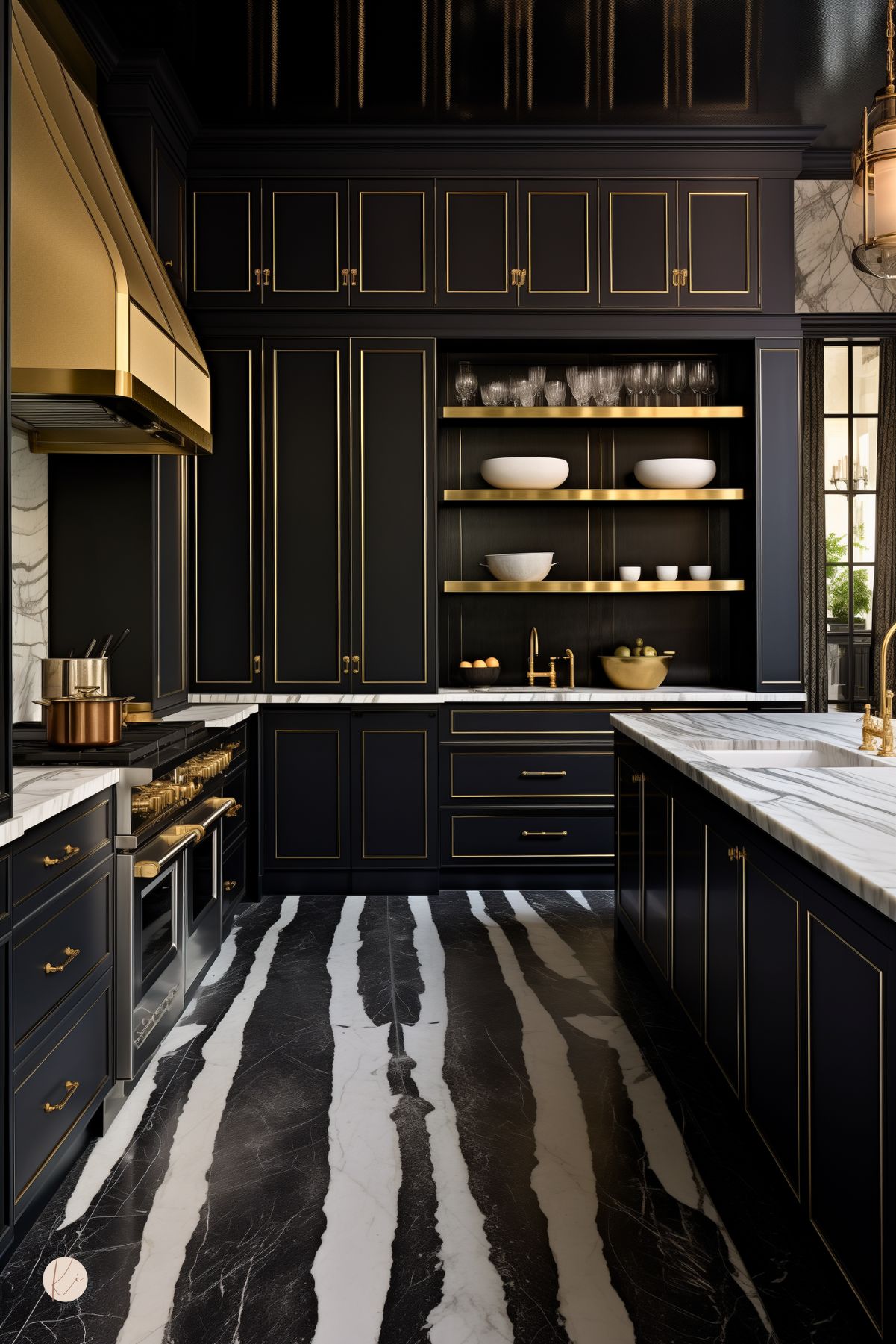 This dramatic luxury kitchen features sleek black cabinetry with gold trim, marble countertops, and a striking black-and-white marble floor. Open shelving with gold accents displays glassware and minimalist dishware, complementing the high-end aesthetic. A gold range hood, brass fixtures, and metallic details enhance the opulent design, while the dark palette creates a bold, sophisticated atmosphere.