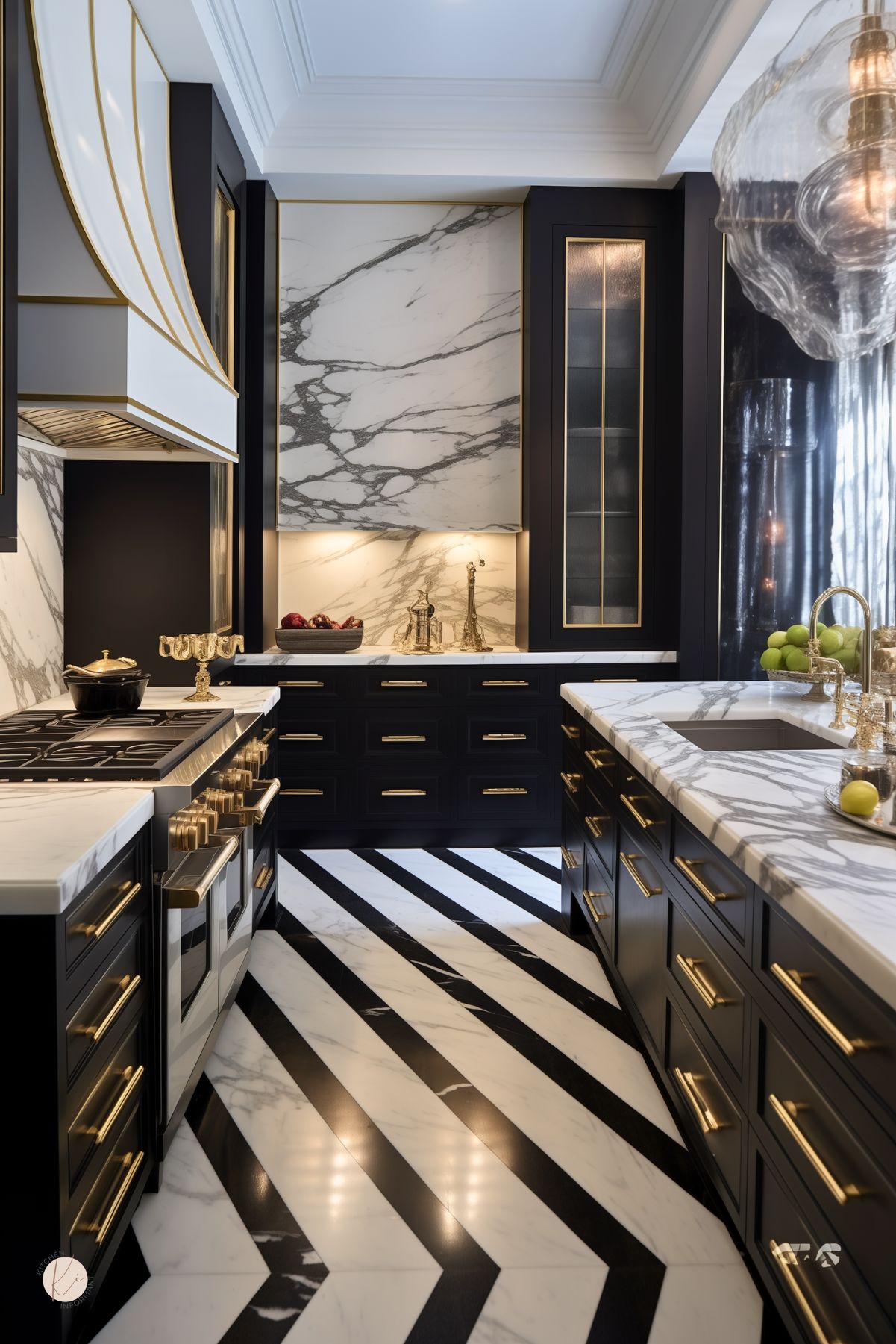 This luxurious kitchen features dramatic black cabinetry with gold hardware, striking marble countertops, and bold black-and-white striped marble flooring. The sleek range hood is accented with gold trim, complementing the sophisticated design. A waterfall island and full-height marble backsplash add to the opulence, while glass-paneled cabinets provide elegant storage. Sculptural lighting and gold accents complete the high-end, modern aesthetic.