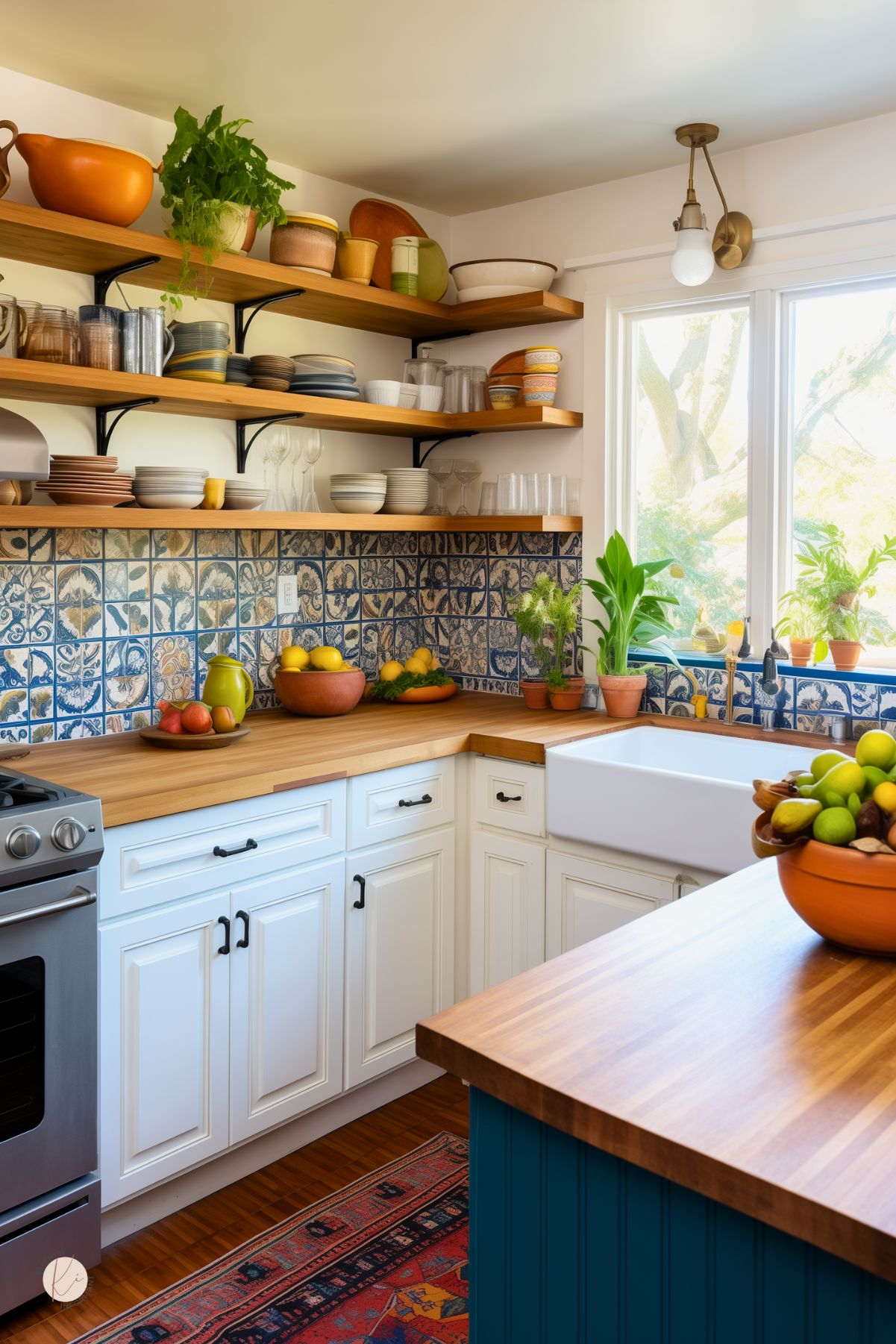 This eclectic kitchen features white cabinetry with black hardware, warm butcher block countertops, and a deep farmhouse sink. The vibrant blue and white patterned tile backsplash adds character, complemented by open wood shelves displaying colorful dishware. A deep blue island contrasts with the space, while potted plants and a mix of warm terracotta and ceramic accents enhance the cozy, lived-in feel. A vintage-style rug ties it all together.