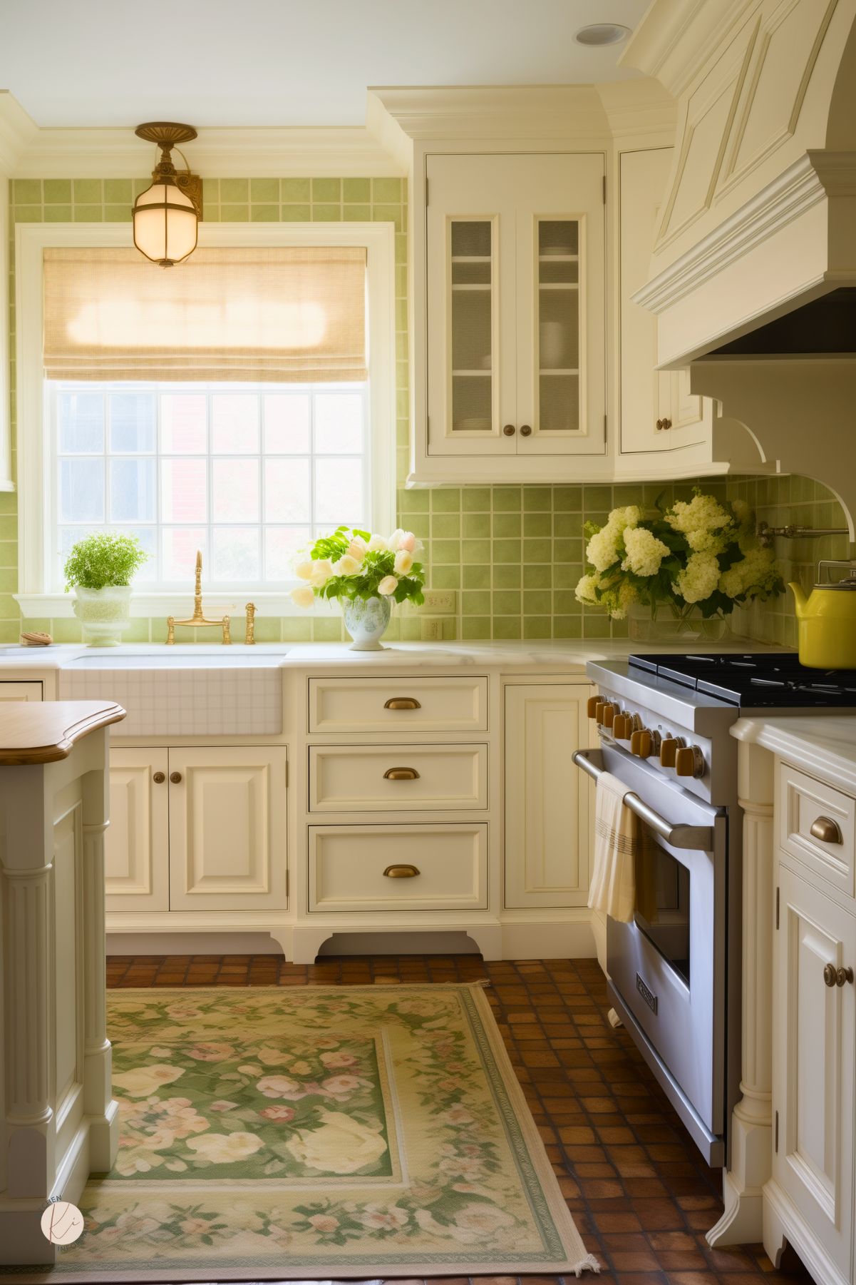 This classic kitchen features cream cabinetry with vintage-inspired molding, a farmhouse sink, and warm brass hardware. Soft green square tiles line the backsplash, complementing the floral area rug and natural wood tones. A large window with a linen Roman shade fills the space with light, while fresh hydrangeas and a brass pendant add charm. The brick flooring and ornate range hood enhance the elegant, traditional feel.