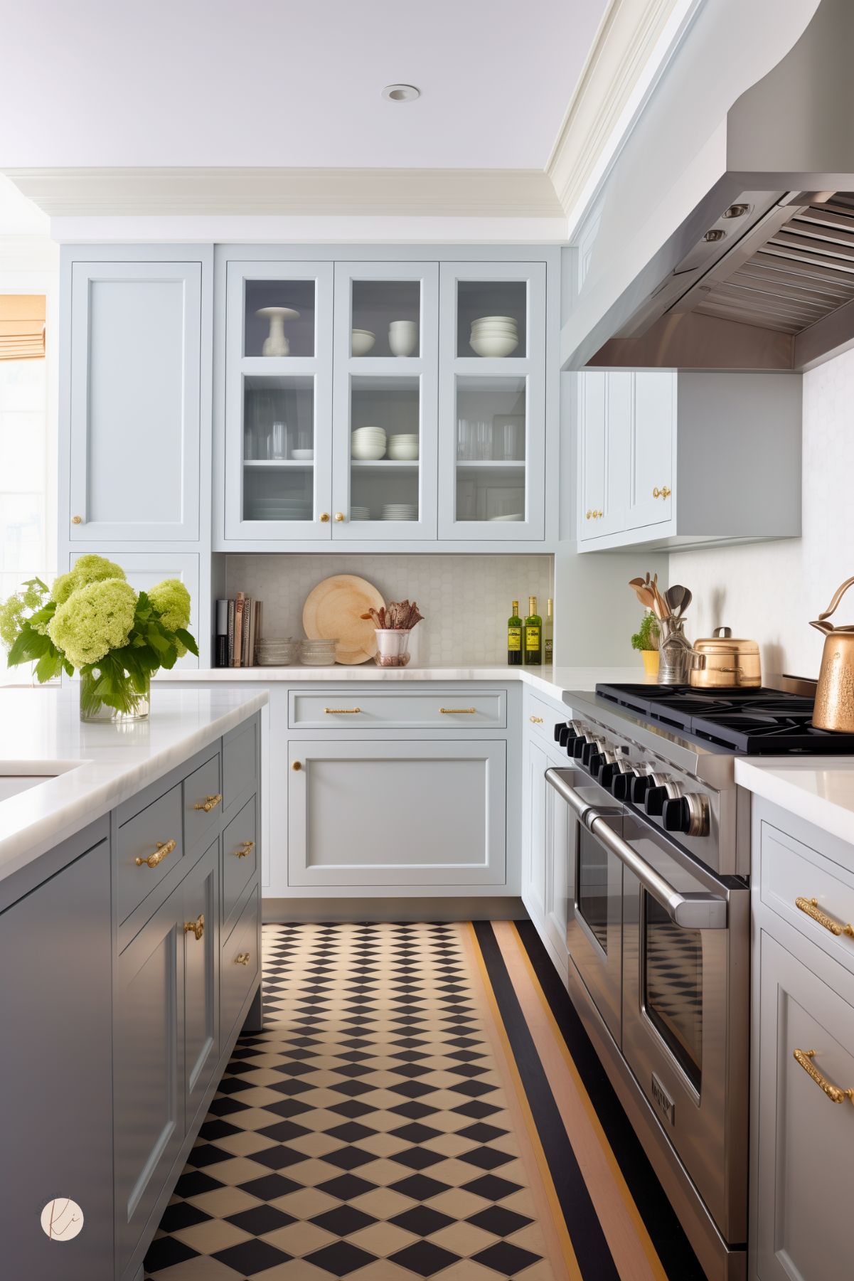 This elegant kitchen features soft blue-gray cabinetry with gold hardware, glass-front upper cabinets, and white marble countertops. A striking black and cream checkerboard floor with gold accents adds a bold touch. The sleek stainless steel range and vent hood contrast with the classic design, while a vase of fresh green hydrangeas brings warmth. Subtle textures and a neutral palette create a refined yet inviting space.