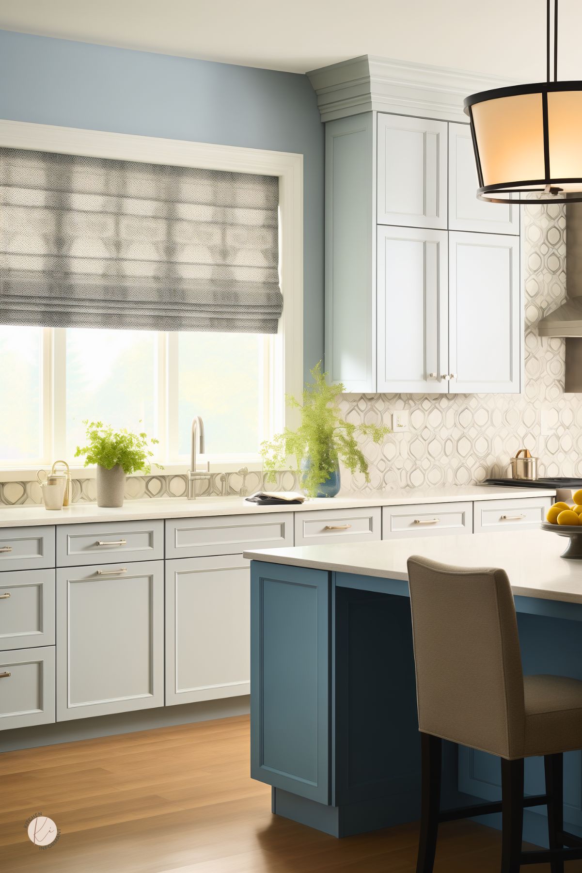 This modern kitchen features soft blue cabinetry with sleek gold hardware, a white quartz countertop, and a bold deep blue island. A geometric patterned backsplash adds texture, while a gray Roman shade filters natural light. Warm wood flooring and a contemporary pendant light bring balance to the cool tones. Fresh greenery and a bowl of lemons provide a vibrant contrast, enhancing the fresh and inviting atmosphere.