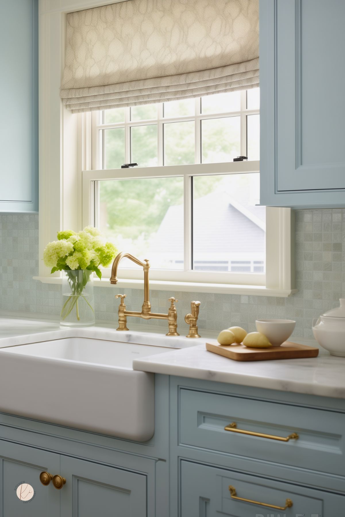 This charming kitchen features soft blue cabinetry with gold hardware, a farmhouse sink, and marble countertops. A vintage-inspired brass faucet adds warmth against the delicate light blue tiled backsplash. A textured beige Roman shade filters natural light from the window, while a vase of fresh green hydrangeas and a wooden cutting board with lemons complete the serene, classic aesthetic.