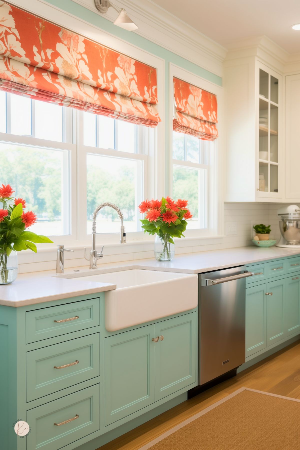 This bright and cheerful kitchen features aqua blue cabinetry with silver hardware, a farmhouse sink, and white quartz countertops. Large windows allow natural light to flood the space, adorned with bold coral floral Roman shades that complement fresh red flowers in glass vases. White upper cabinets with glass doors add an airy feel, while a stainless steel dishwasher and sleek fixtures complete the fresh, inviting design.