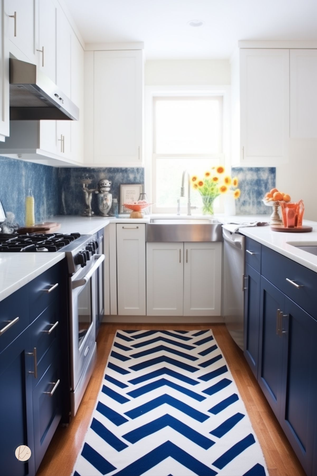 This modern kitchen features a striking two-tone design with navy blue lower cabinets and crisp white upper cabinets. A bold blue and white chevron runner adds energy to the warm wood flooring, while the textured indigo backsplash brings depth. Stainless steel appliances, a farmhouse sink, and sleek silver hardware complete the polished look. Bright yellow flowers and citrus accents provide a cheerful contrast to the cool color scheme.