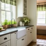 This cozy farmhouse kitchen features cream cabinetry with black hardware, a white farmhouse sink, and dark stone countertops. Green plaid valances and matching curtains in the adjacent room add rustic charm, while a black and white buffalo check rug complements the space. Potted herbs on the windowsill and fresh hydrangeas bring a natural touch, enhancing the warm and inviting ambiance.